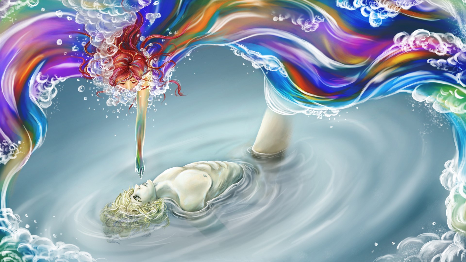 Man and woman in colorful water HD Wallpaper