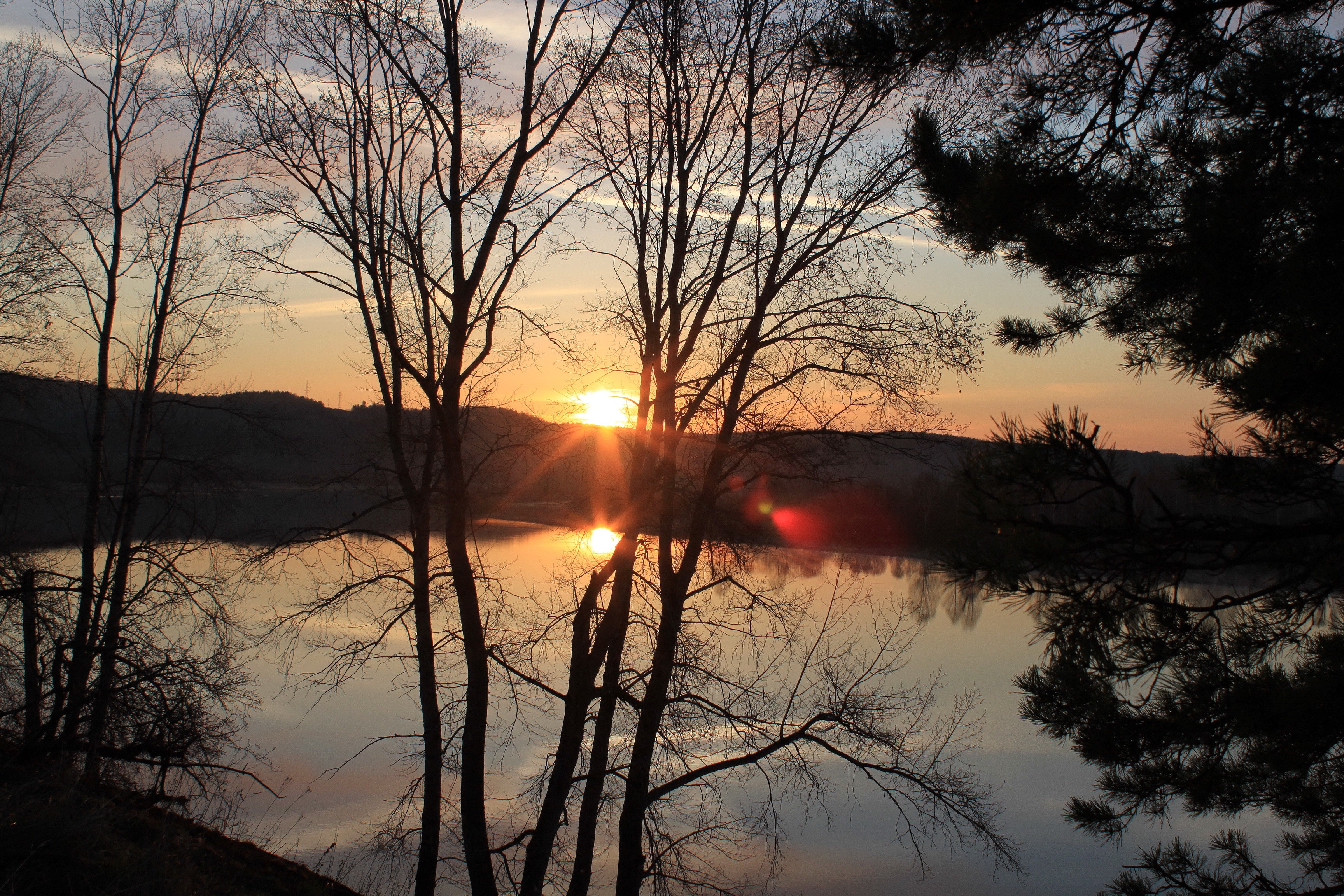 Sunset over a lake with trees and branches HD Wallpaper