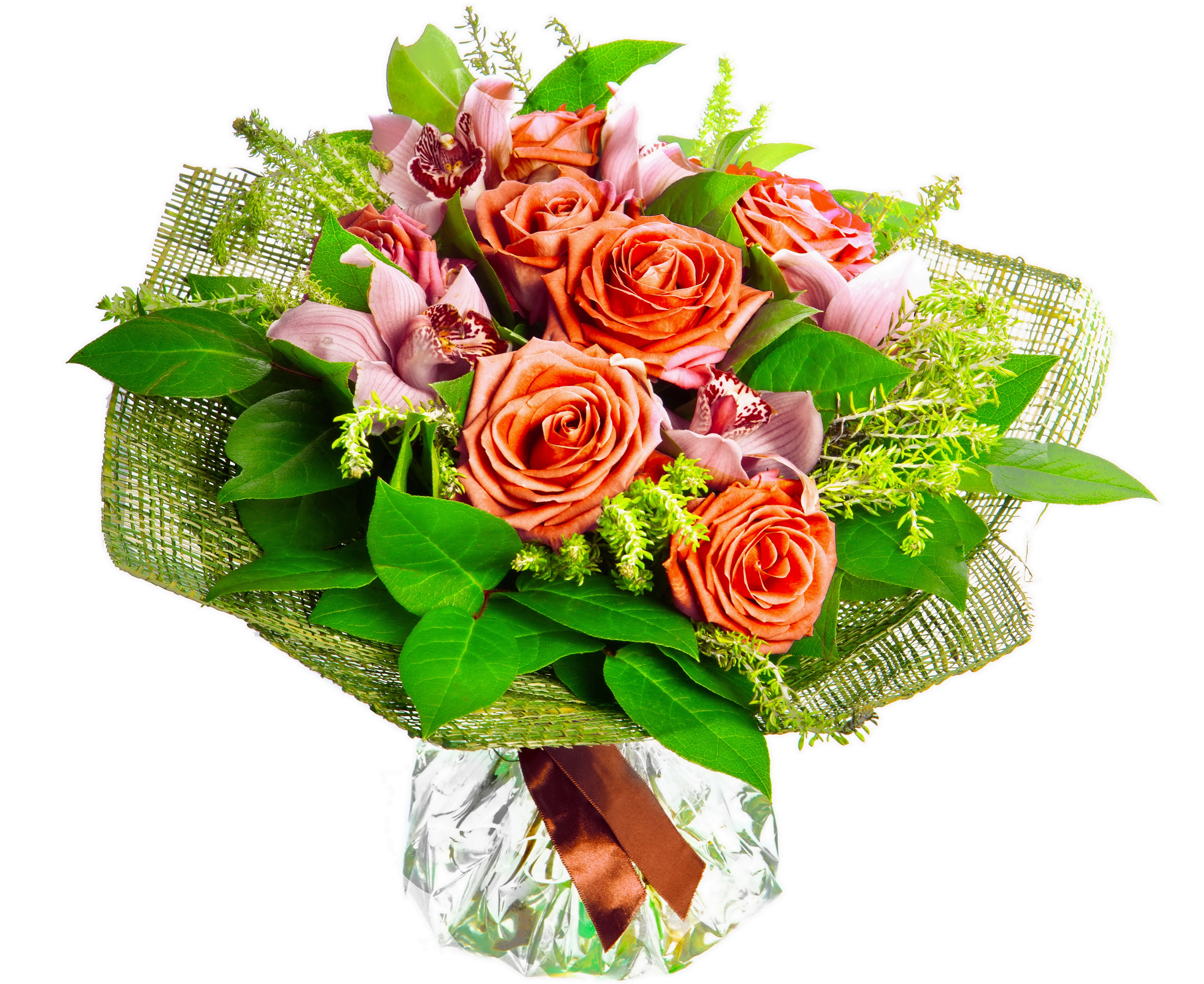 Bouquet of orange roses and orchids HD Wallpaper