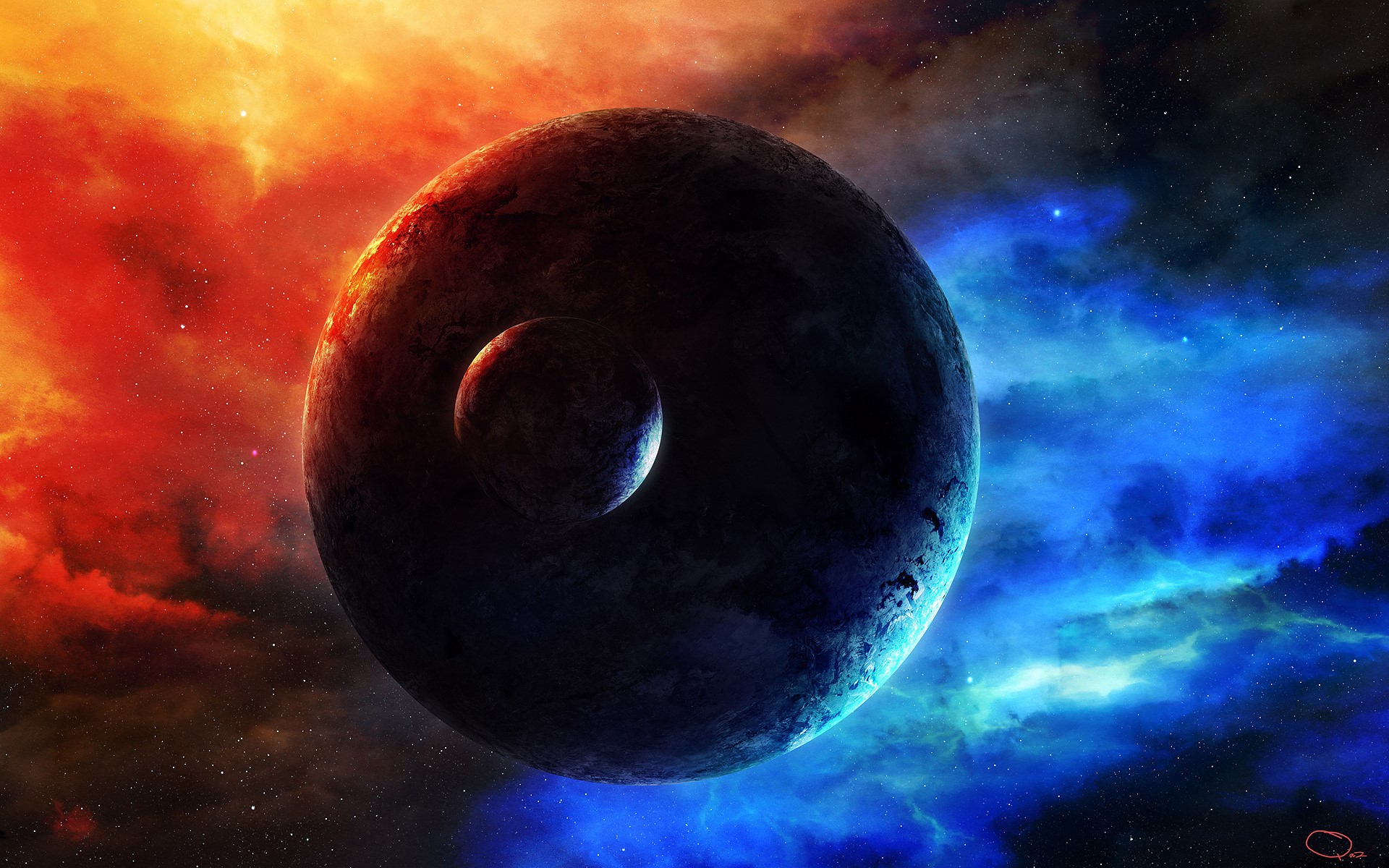 Two planets in a colorful nebula HD Wallpaper