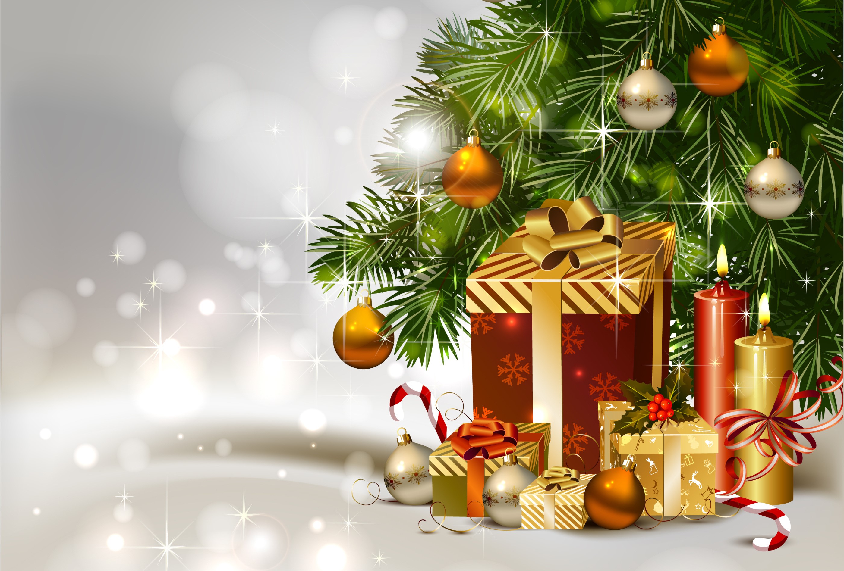 Christmas Tree with Gifts, Ornaments, and Candles HD Wallpaper