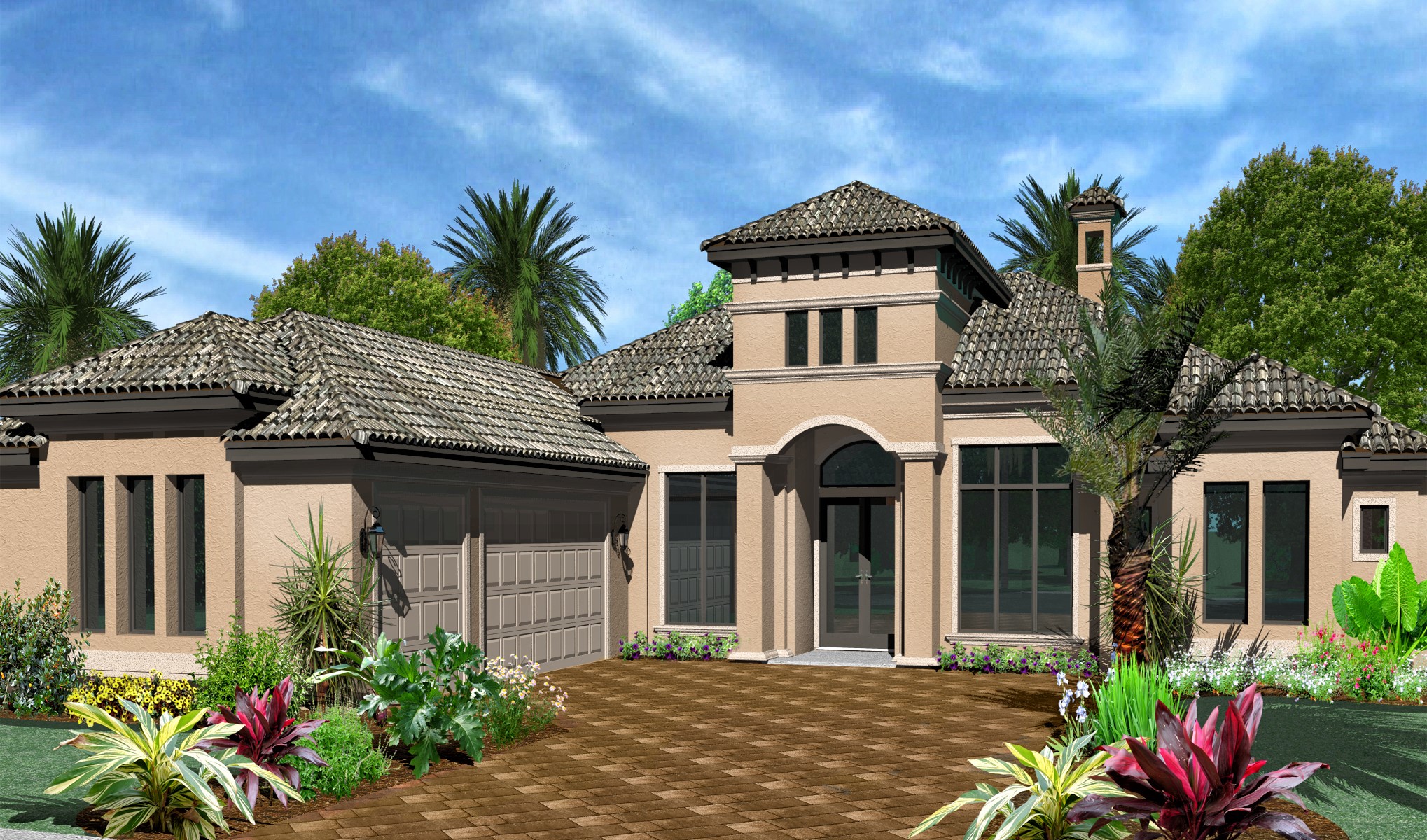 Luxury Mediterranean-style house with garage and landscaping HD Wallpaper