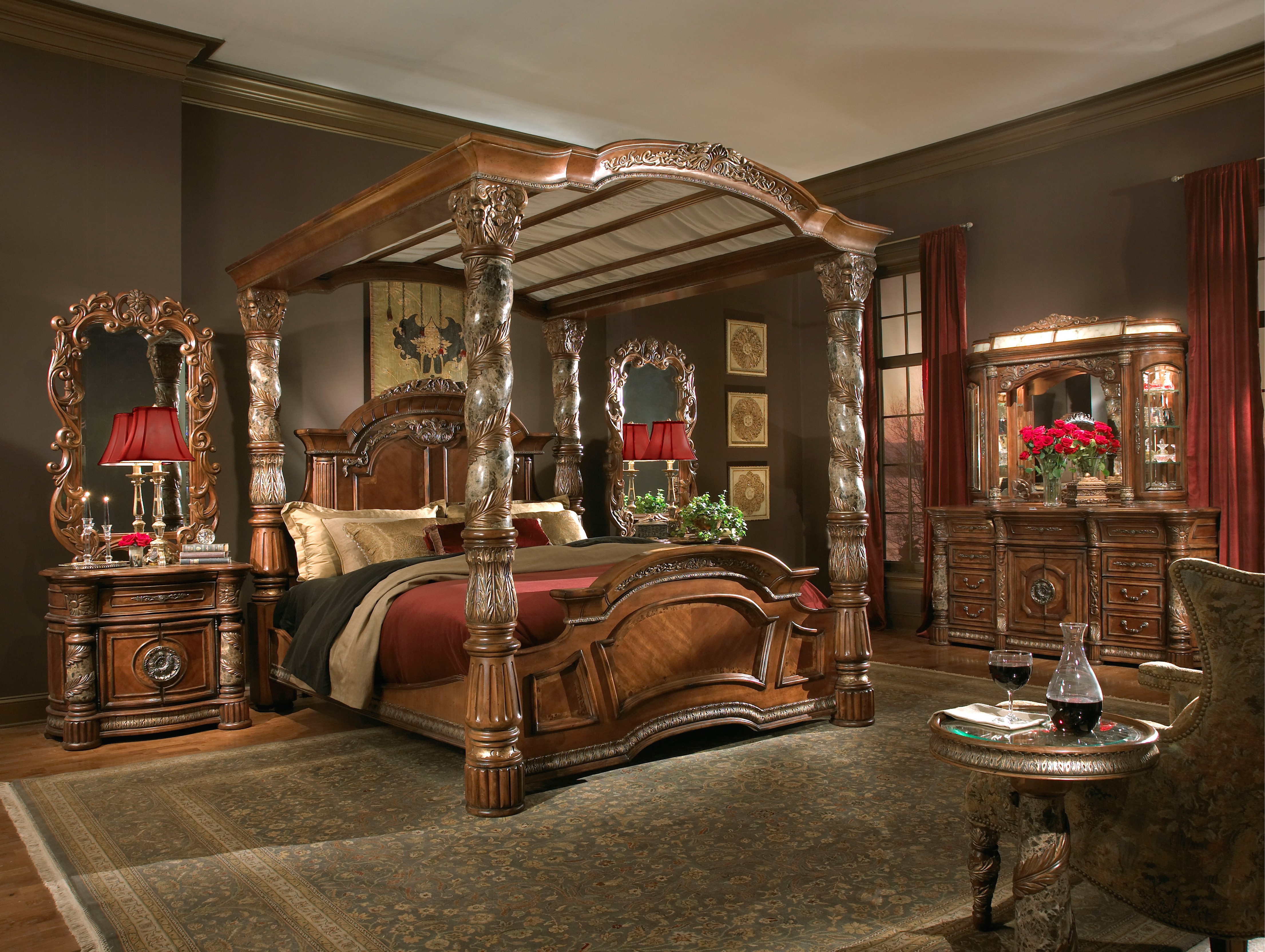 Luxurious Bedroom with Four-Poster Bed and Vanity HD Wallpaper