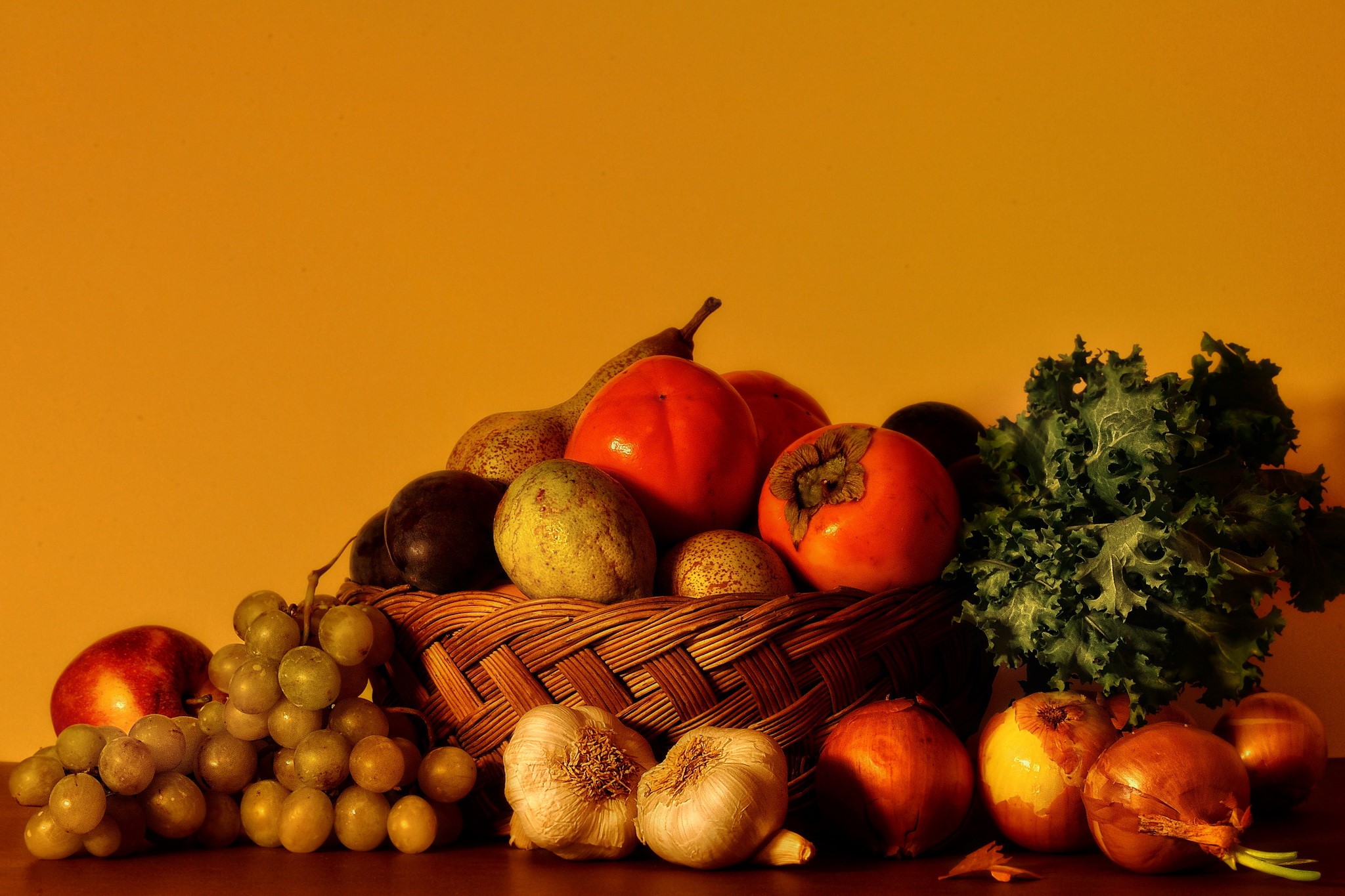 Still-life of fruits and vegetables in a basket HD Wallpaper