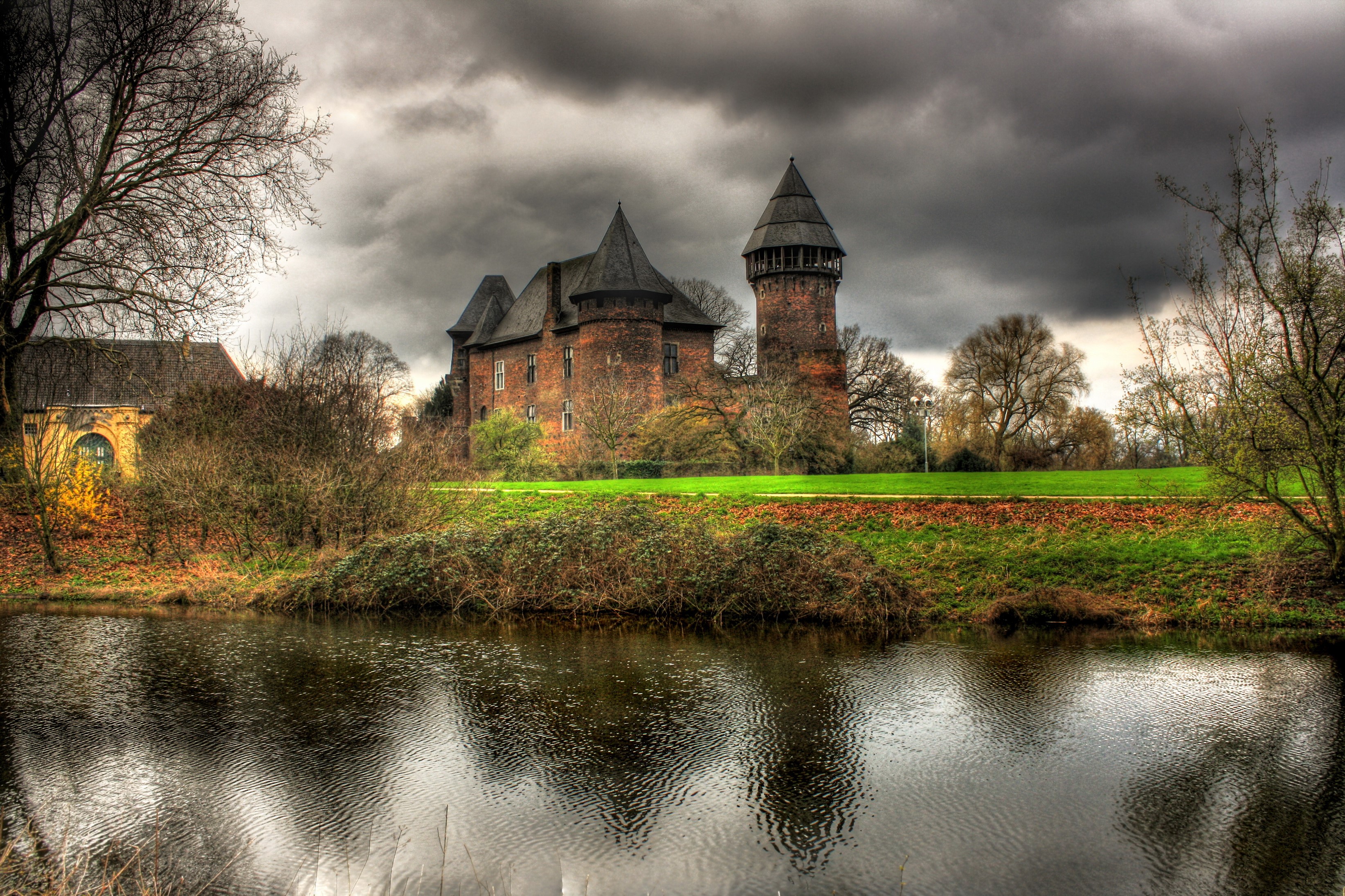 Krefeld Burg Linn castle with river and clouds HD Wallpaper