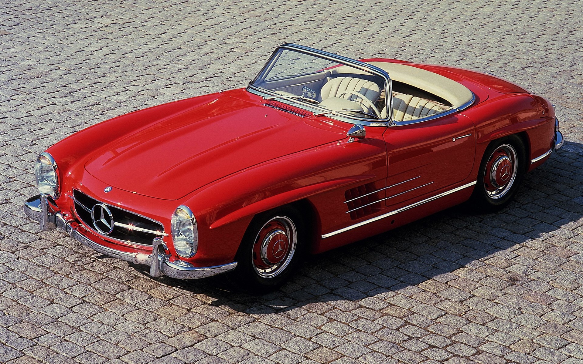 Red Mercedes-Benz 300 SL Roadster on Cobblestone HD Wallpaper