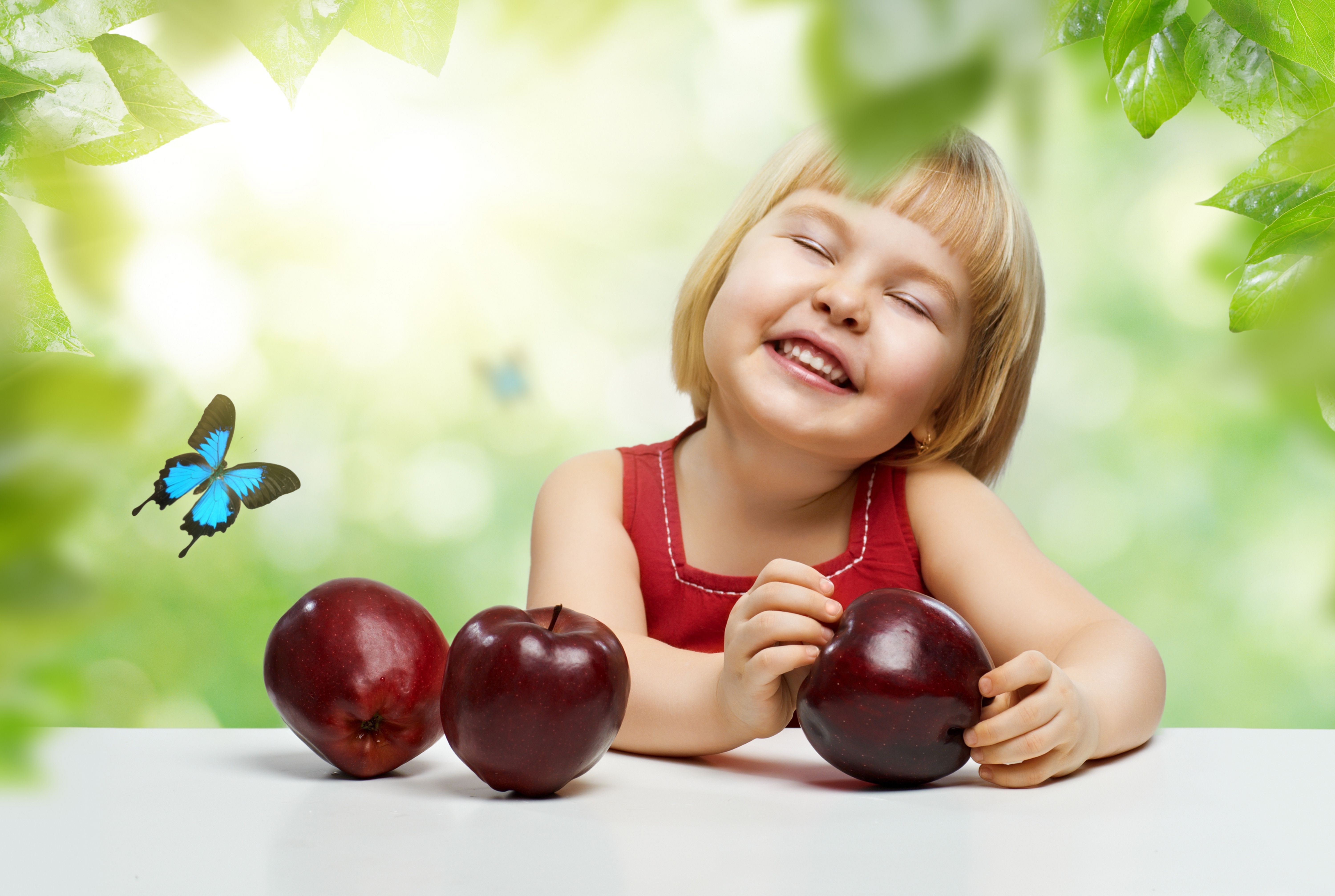 Little girl with apples and butterfly HD Wallpaper