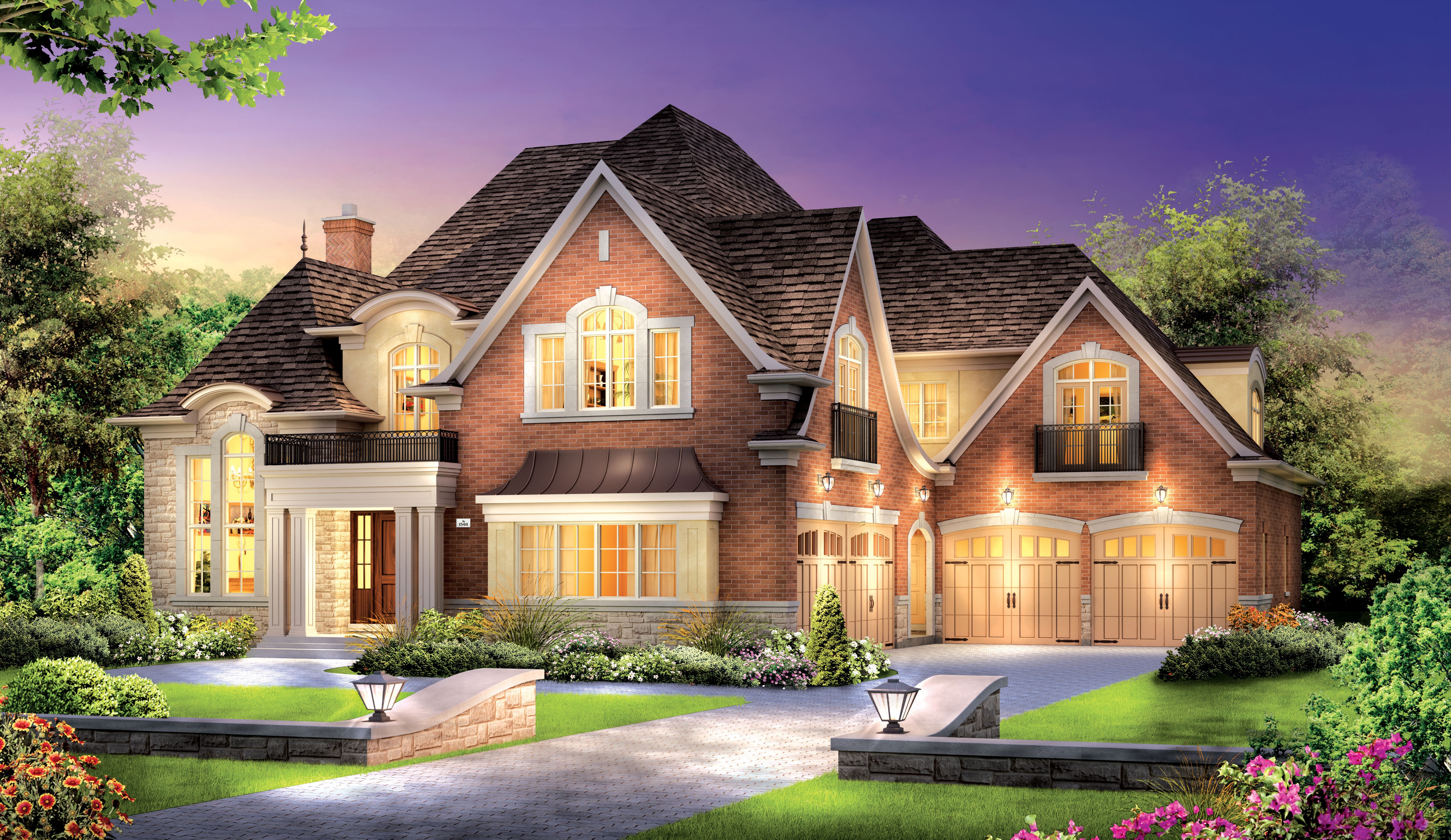 Luxury brick house with garage and landscaping HD Wallpaper