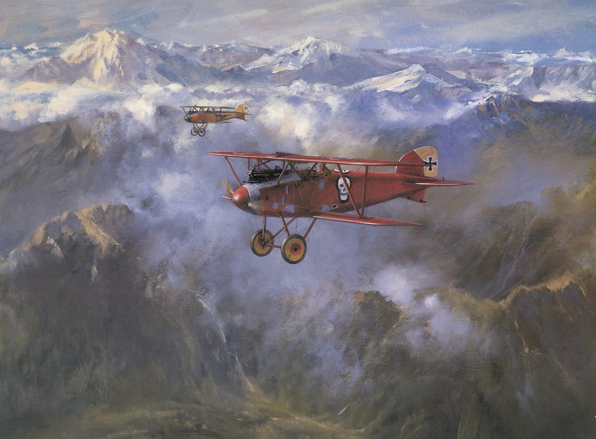 Two biplanes flying over mountains HD Wallpaper