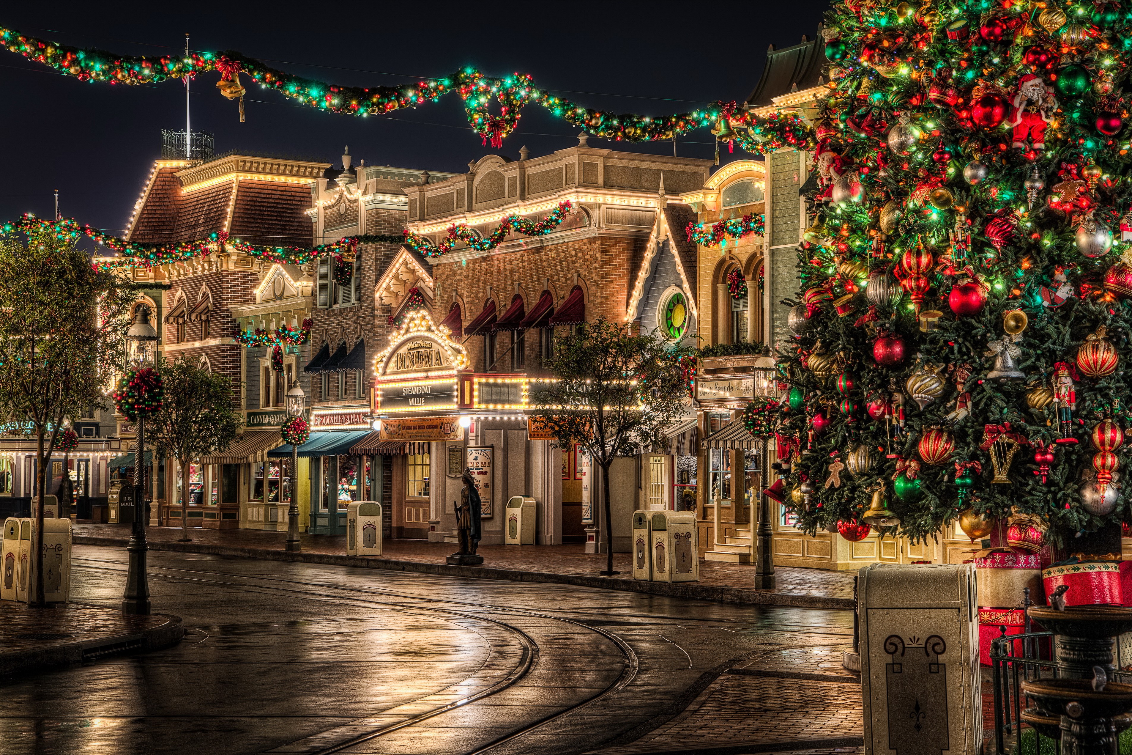 Christmas Tree and Decorated Street at Night HD Wallpaper