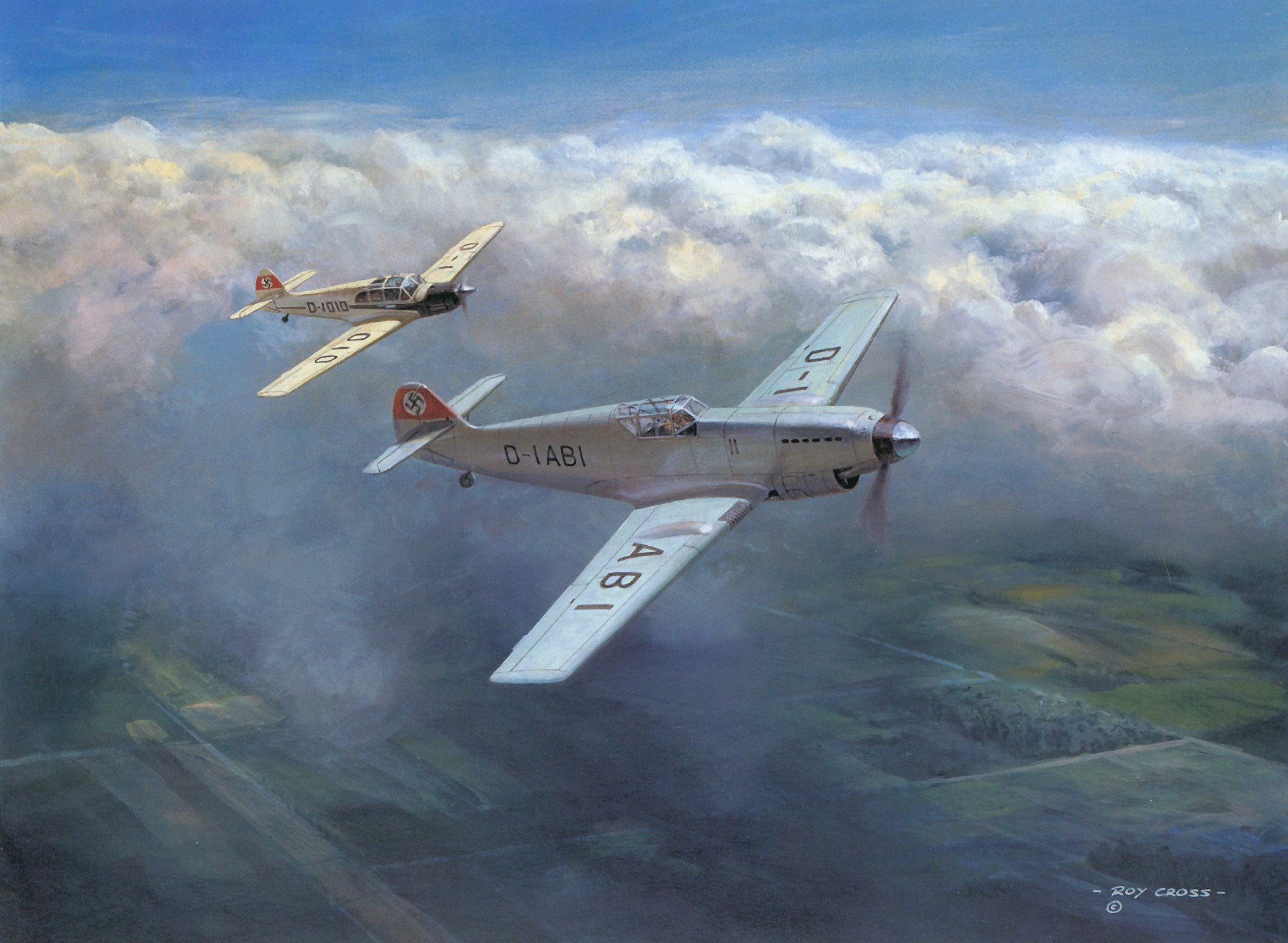 Two German WWII training aircraft flying over clouds HD Wallpaper