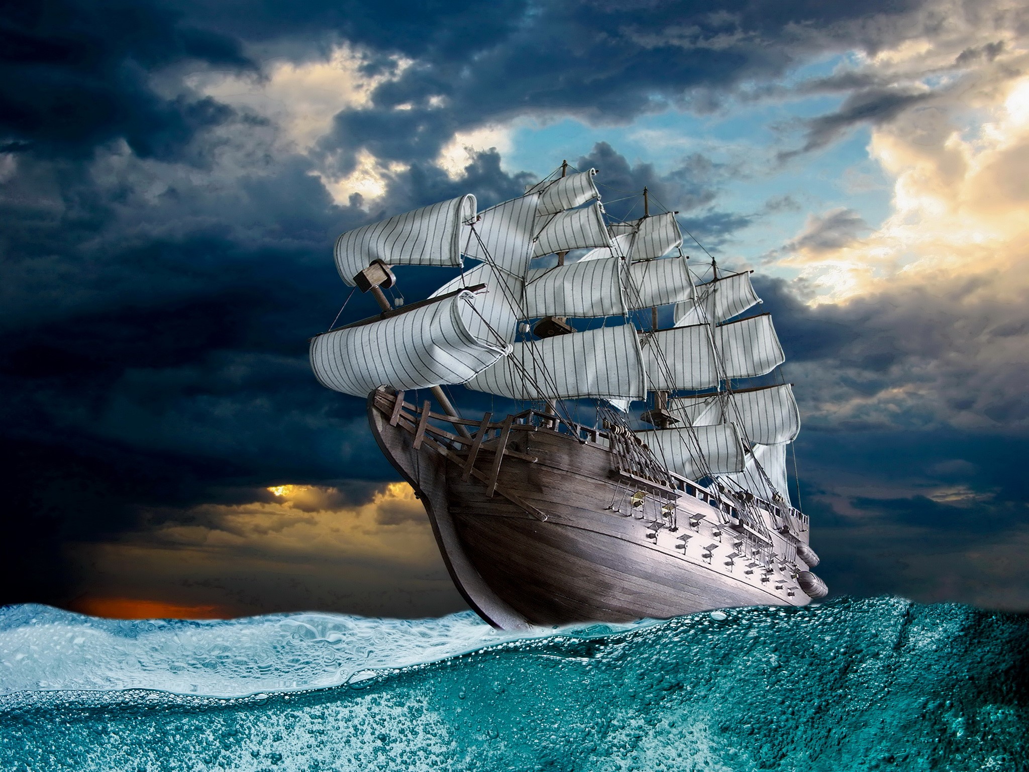 A sailing ship on rough seas under a stormy sky HD Wallpaper