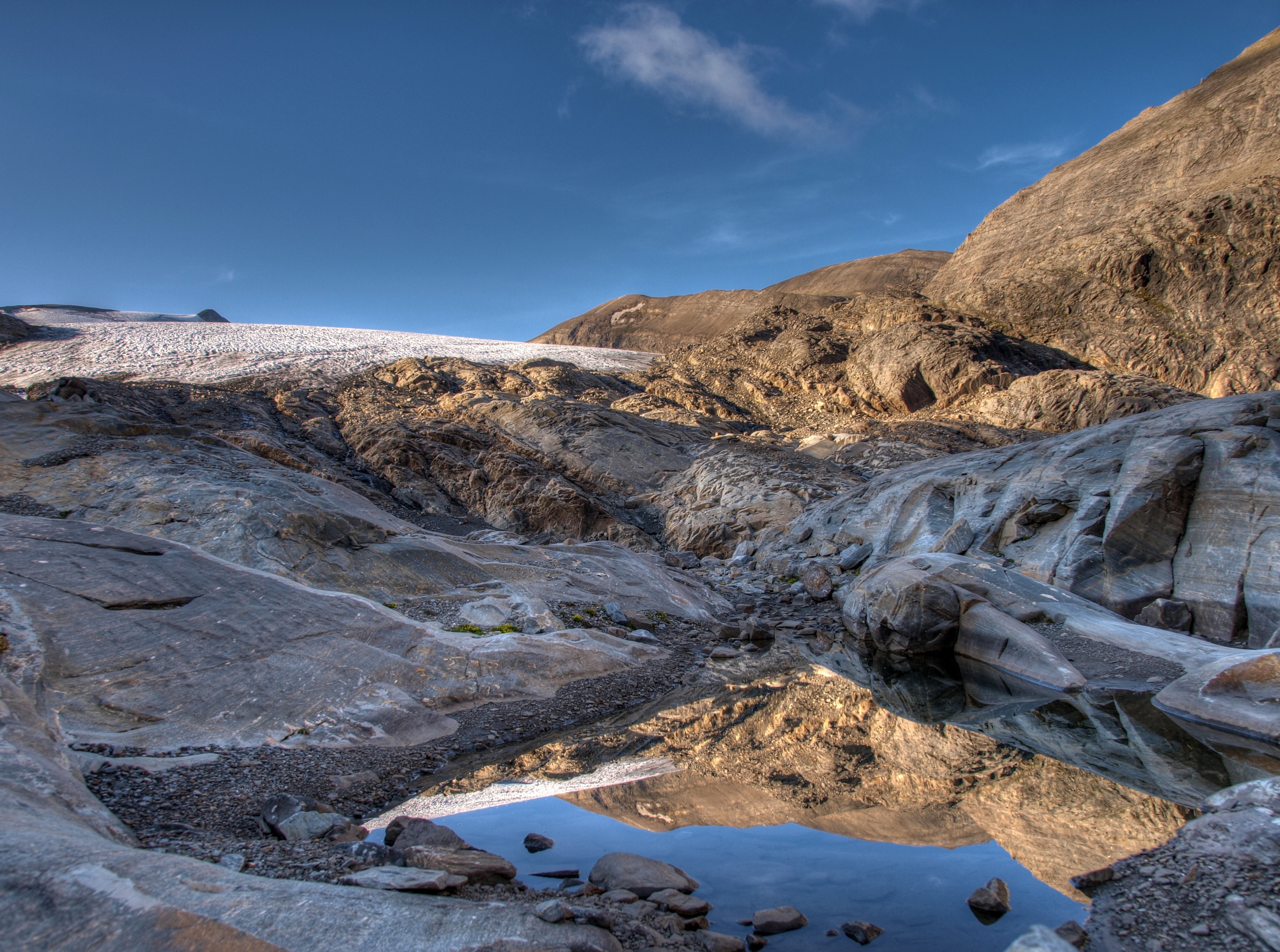 Glacier and rocky terrain with reflection in water HD Wallpaper