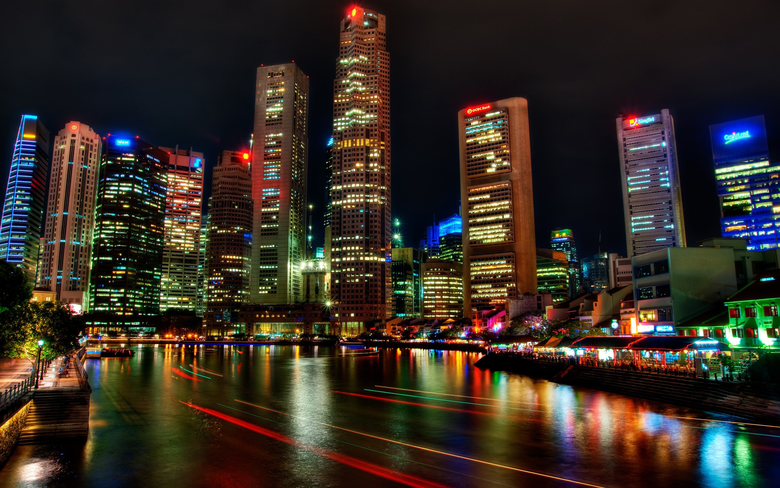 Singapore skyscrapers at night with river reflections HD Wallpaper