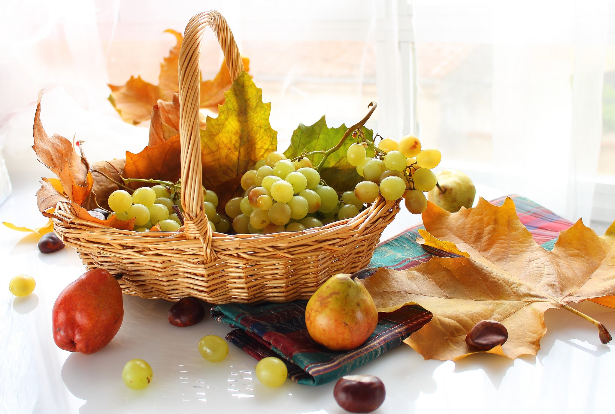 Still life with grapes in a wicker basket and autumn leaves HD Wallpaper