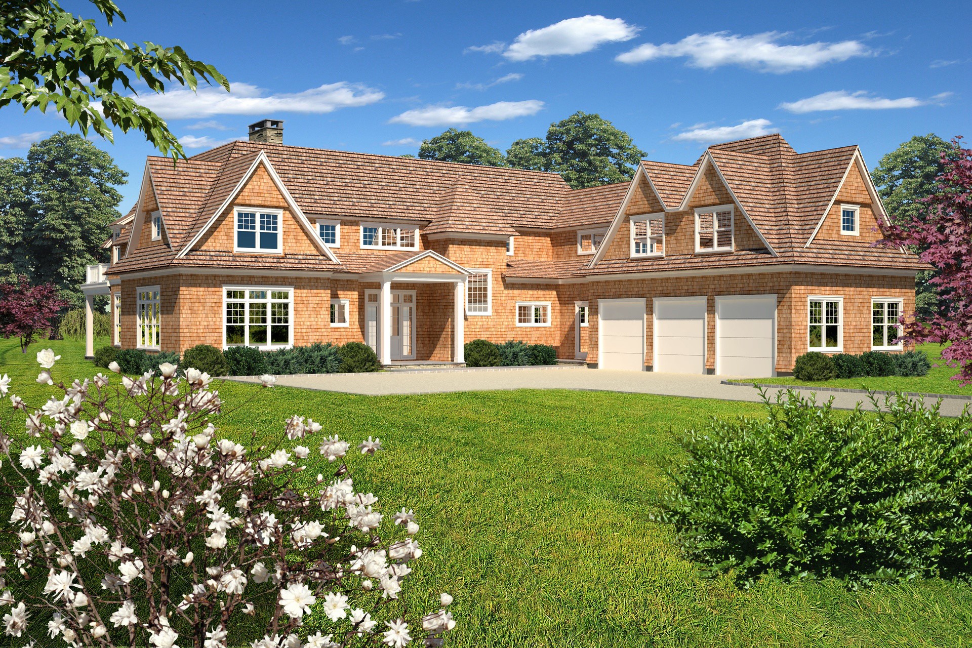 Large cedar-shingled house with garage and manicured lawn HD Wallpaper