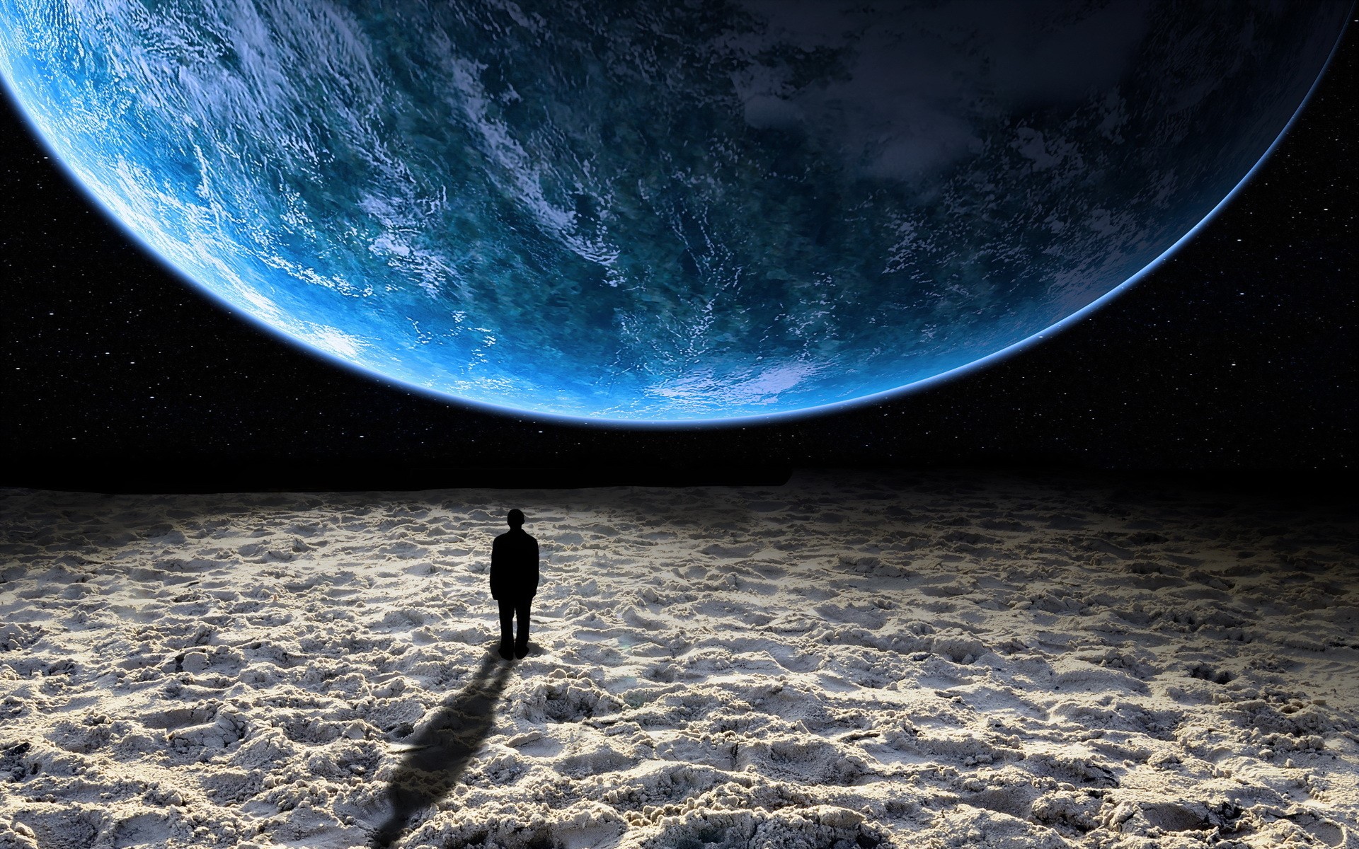 Person on alien planet looking at a large blue planet HD Wallpaper