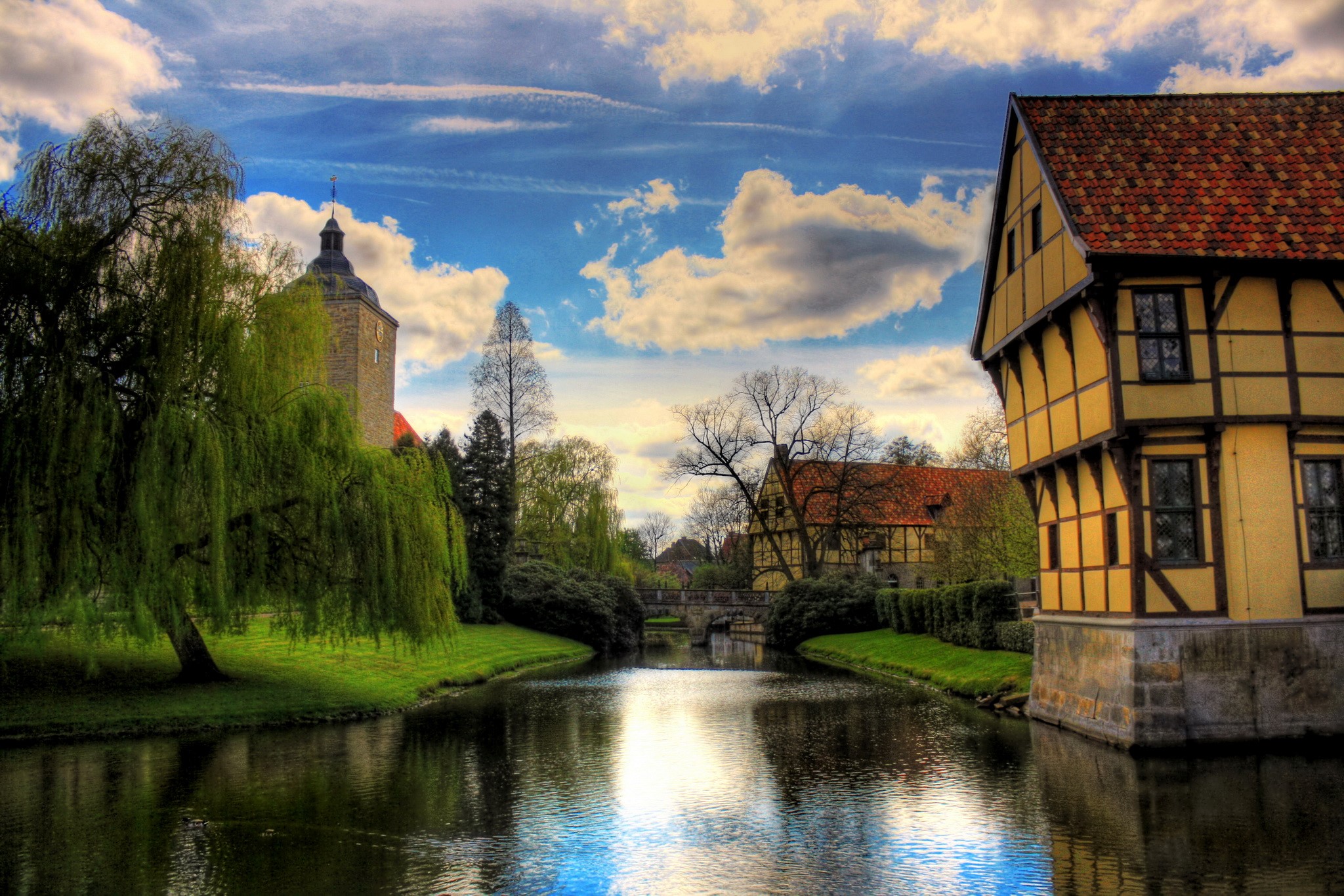 Steinfurt Germany River Houses and Sky HD Wallpaper