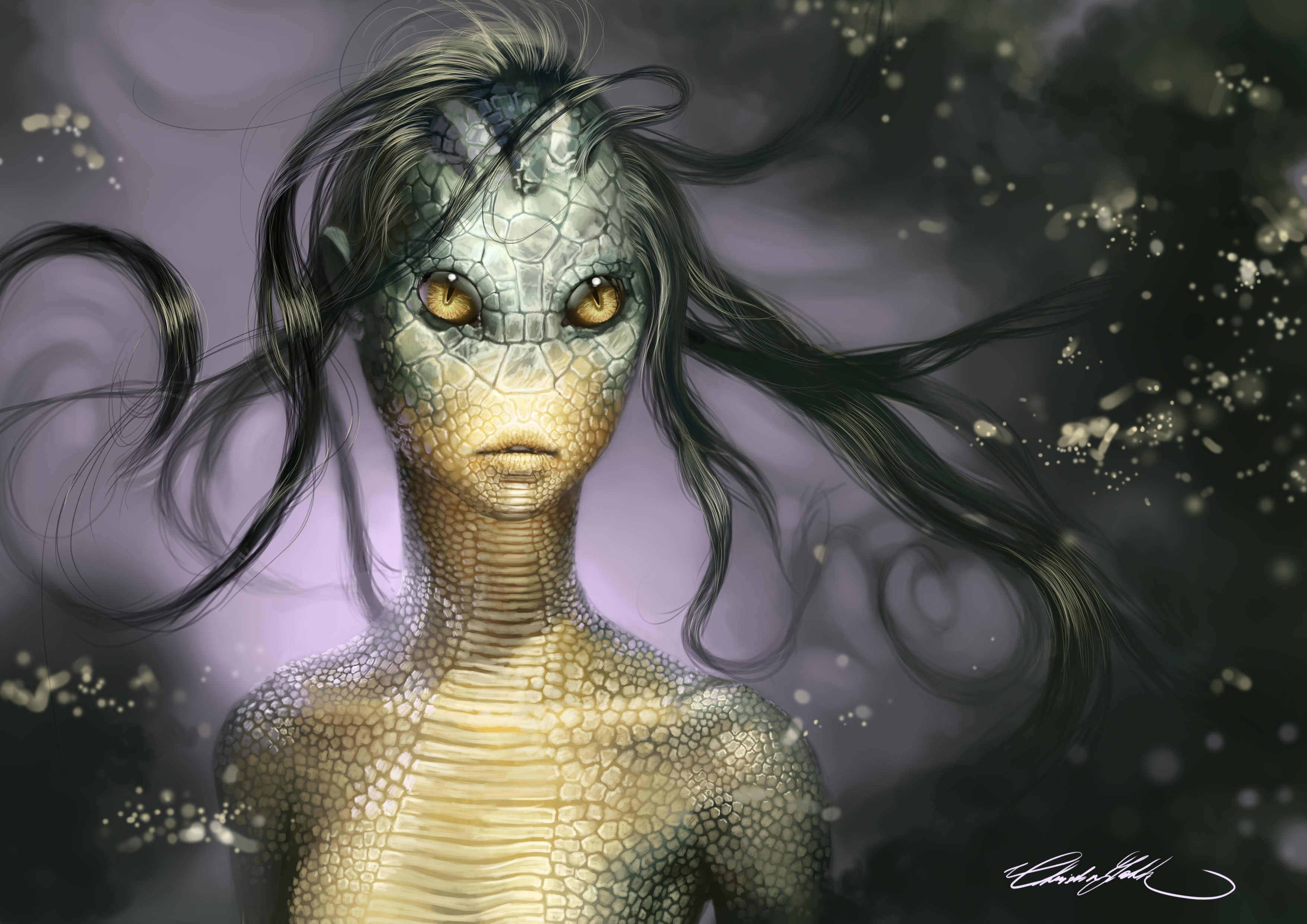 Reptilian creature with flowing hair HD Wallpaper