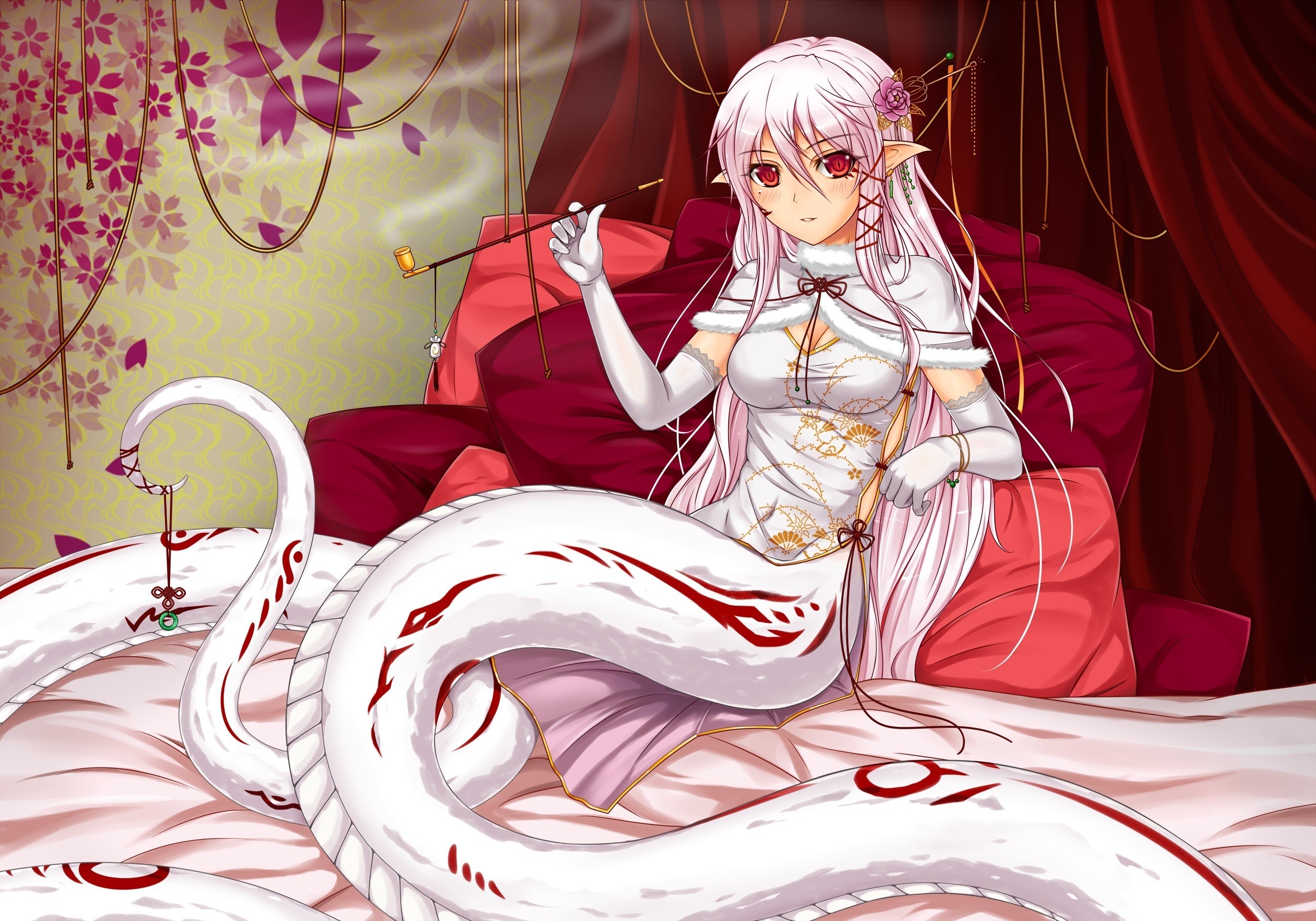 Anime girl with snake tail smoking a pipe on a bed HD Wallpaper