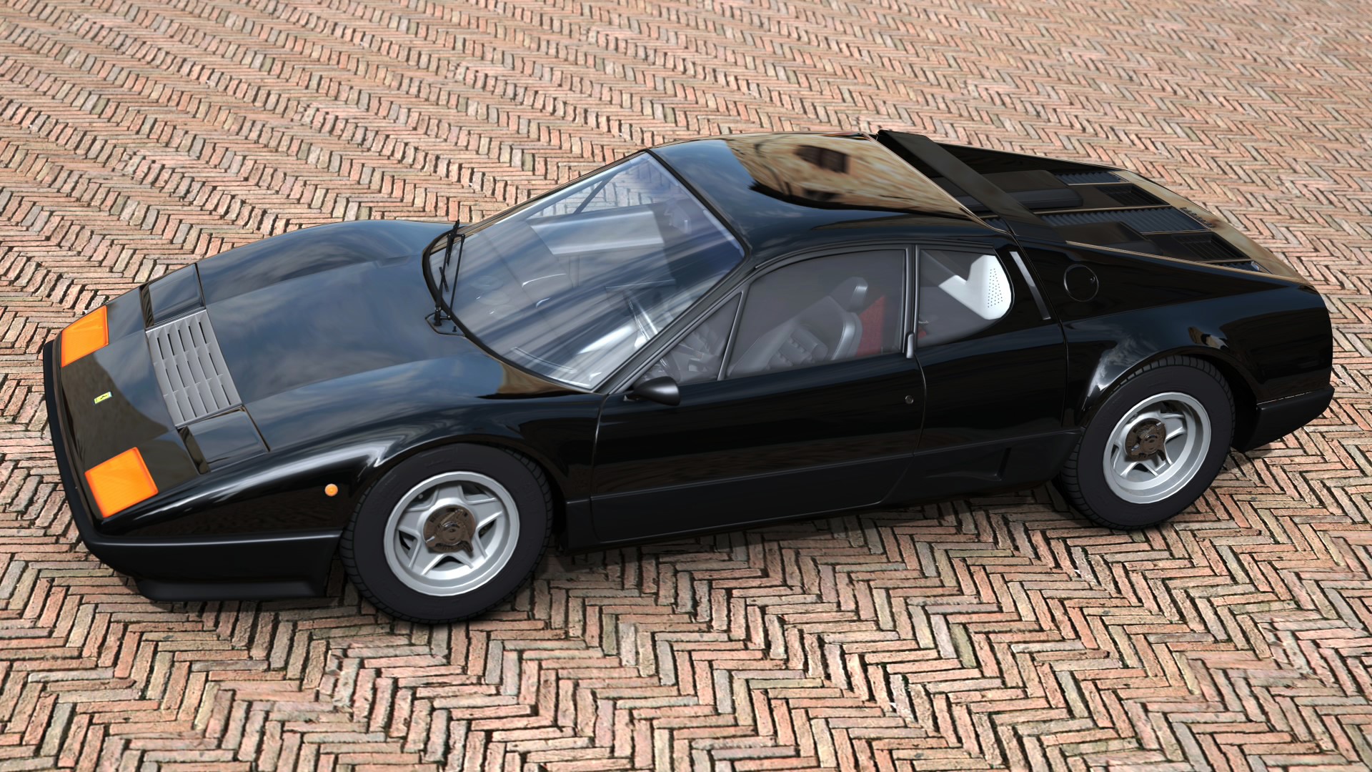 Black Ferrari 512 BB parked on a brick road HD Wallpaper