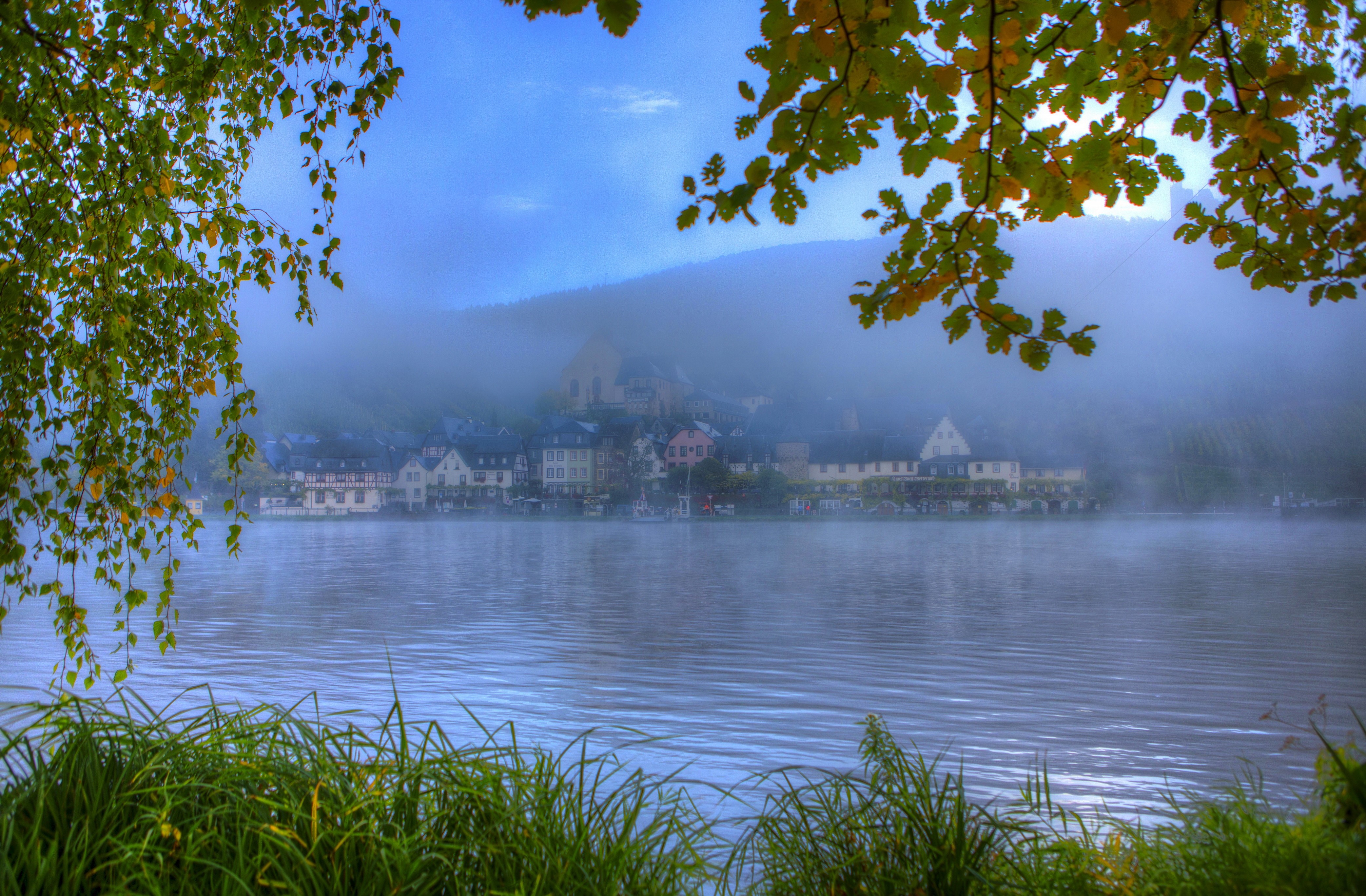 River town in fog, Germany HD Wallpaper