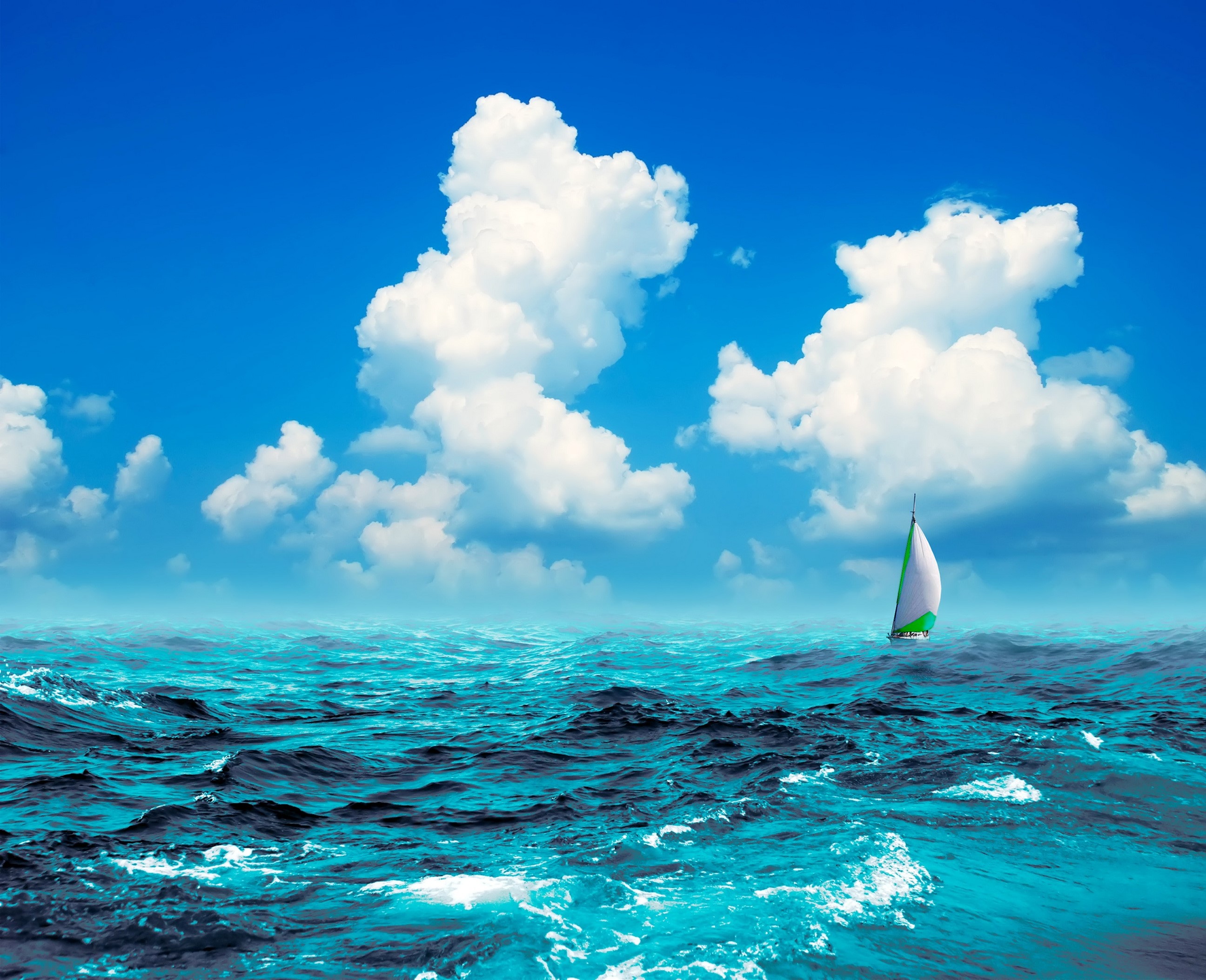 Sailboat on the open sea under a cloudy blue sky HD Wallpaper