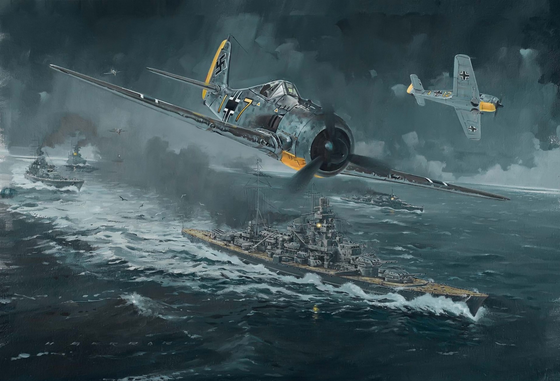Focke-Wulf Fw-190 aircraft escorting German warships HD Wallpaper
