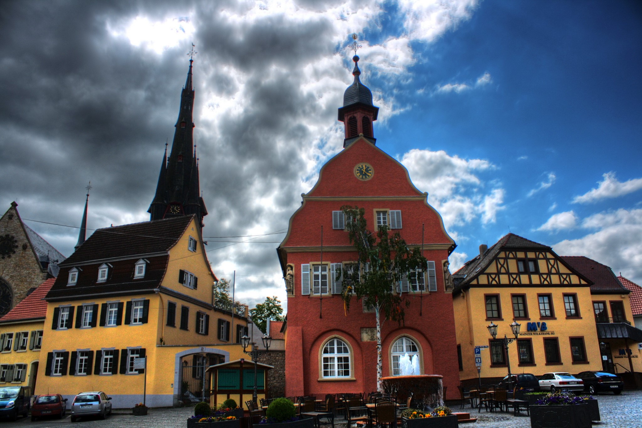 Gau-Algesheim, Germany Town Square with Buildings and Church HD Wallpaper