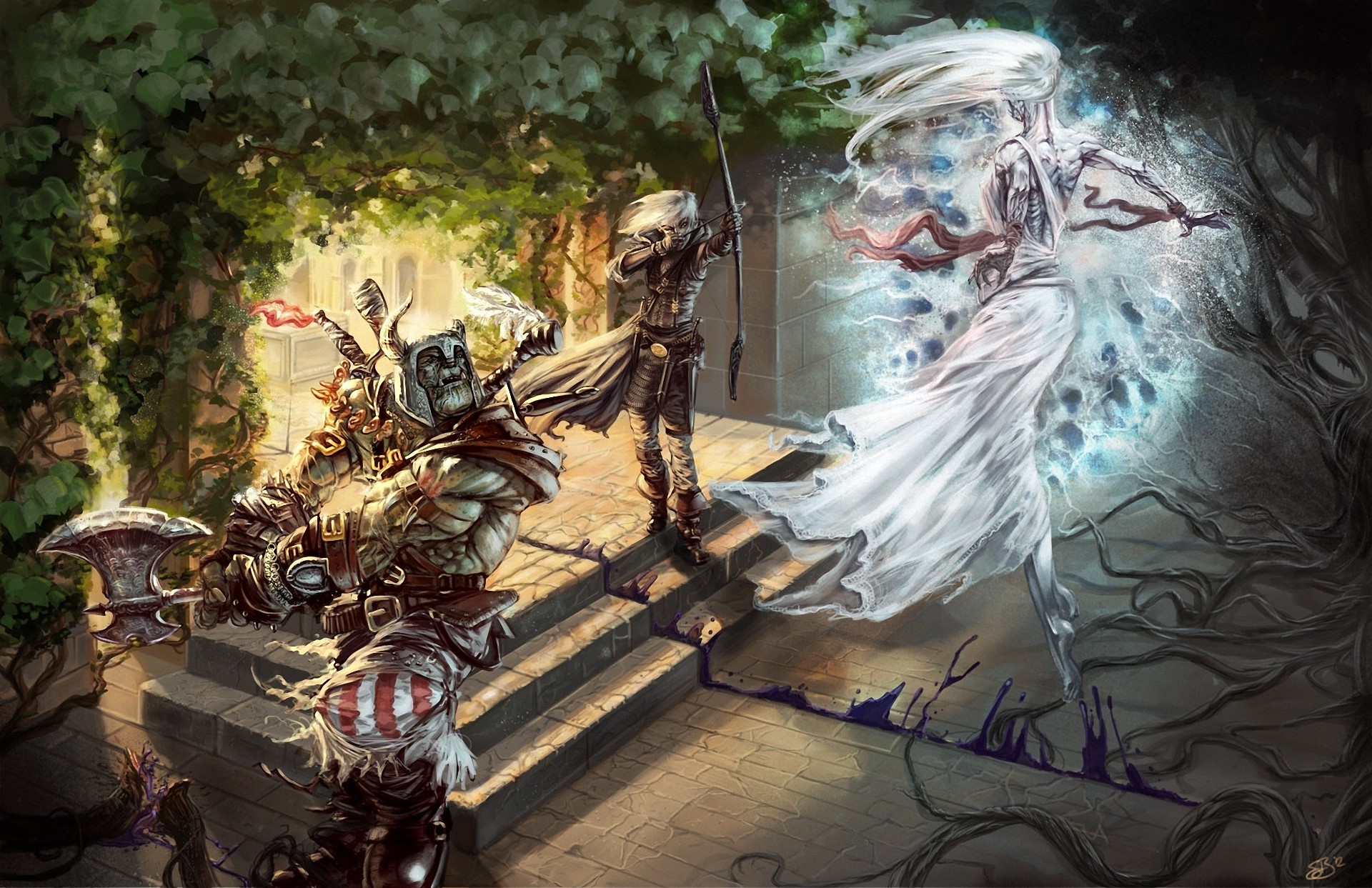 Warriors and ethereal being in a magical battle HD Wallpaper