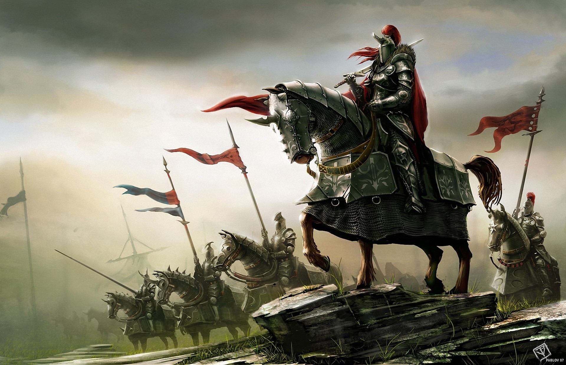 Knights in Armor on Horses with Flags HD Wallpaper