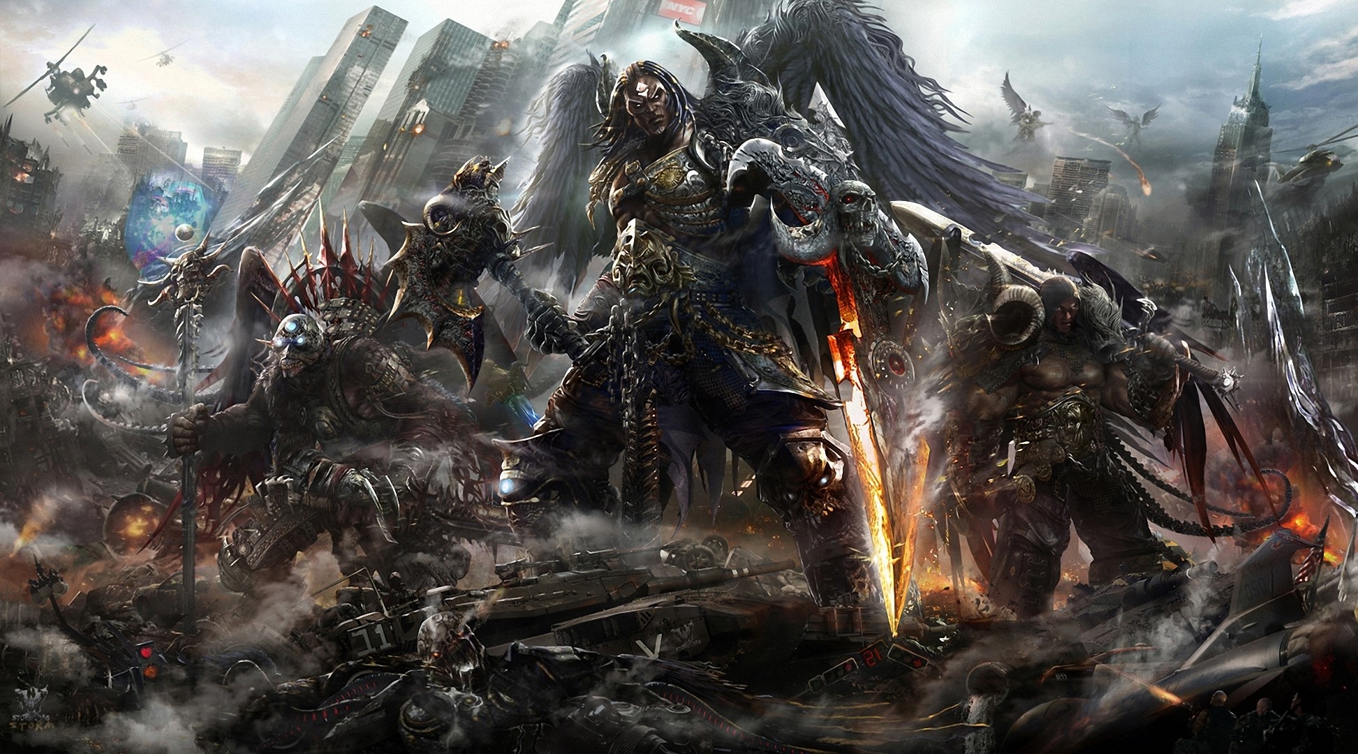 Demonic warriors with wings in a destroyed city HD Wallpaper