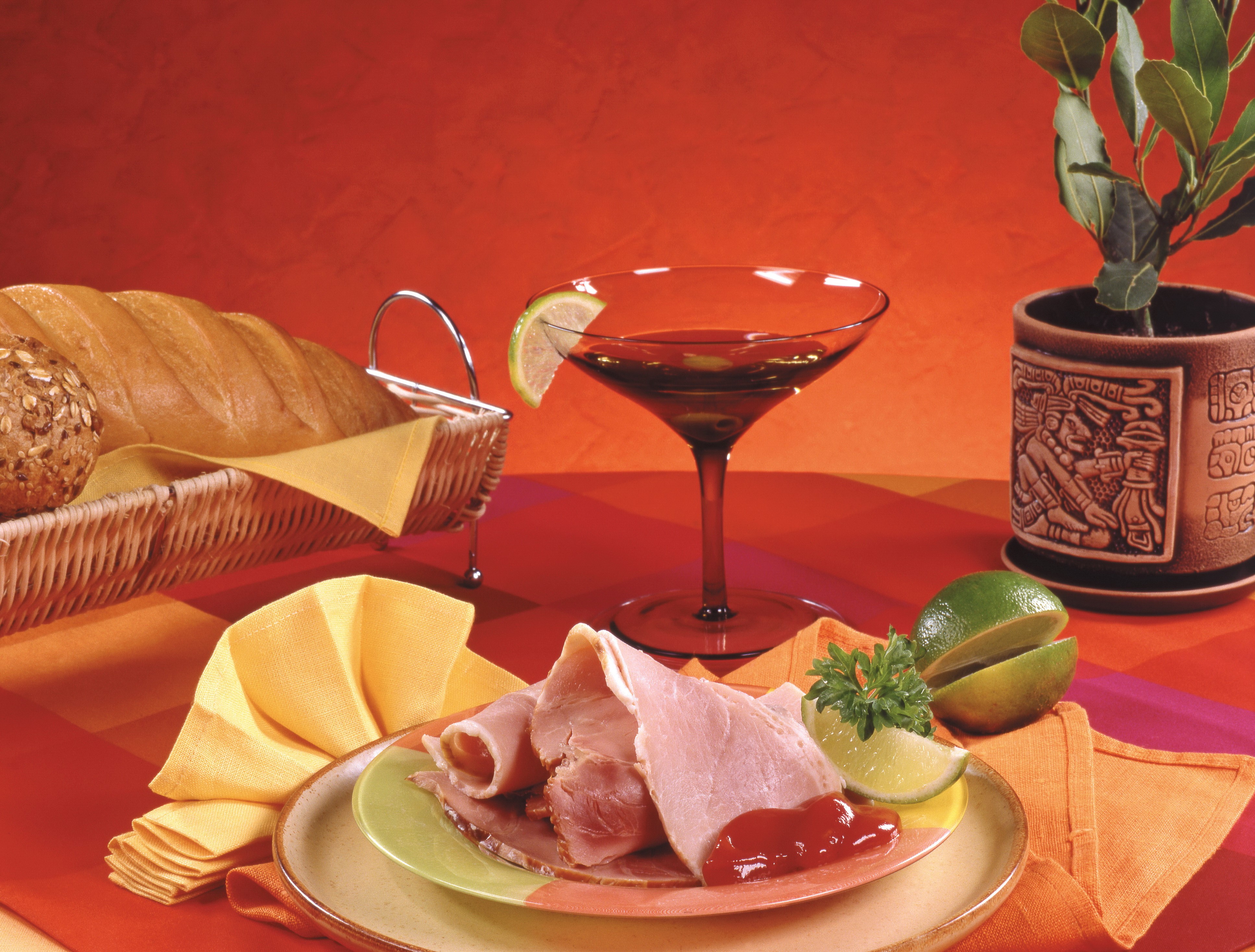 Still-life of Ham, Bread, and Drink with Lime HD Wallpaper