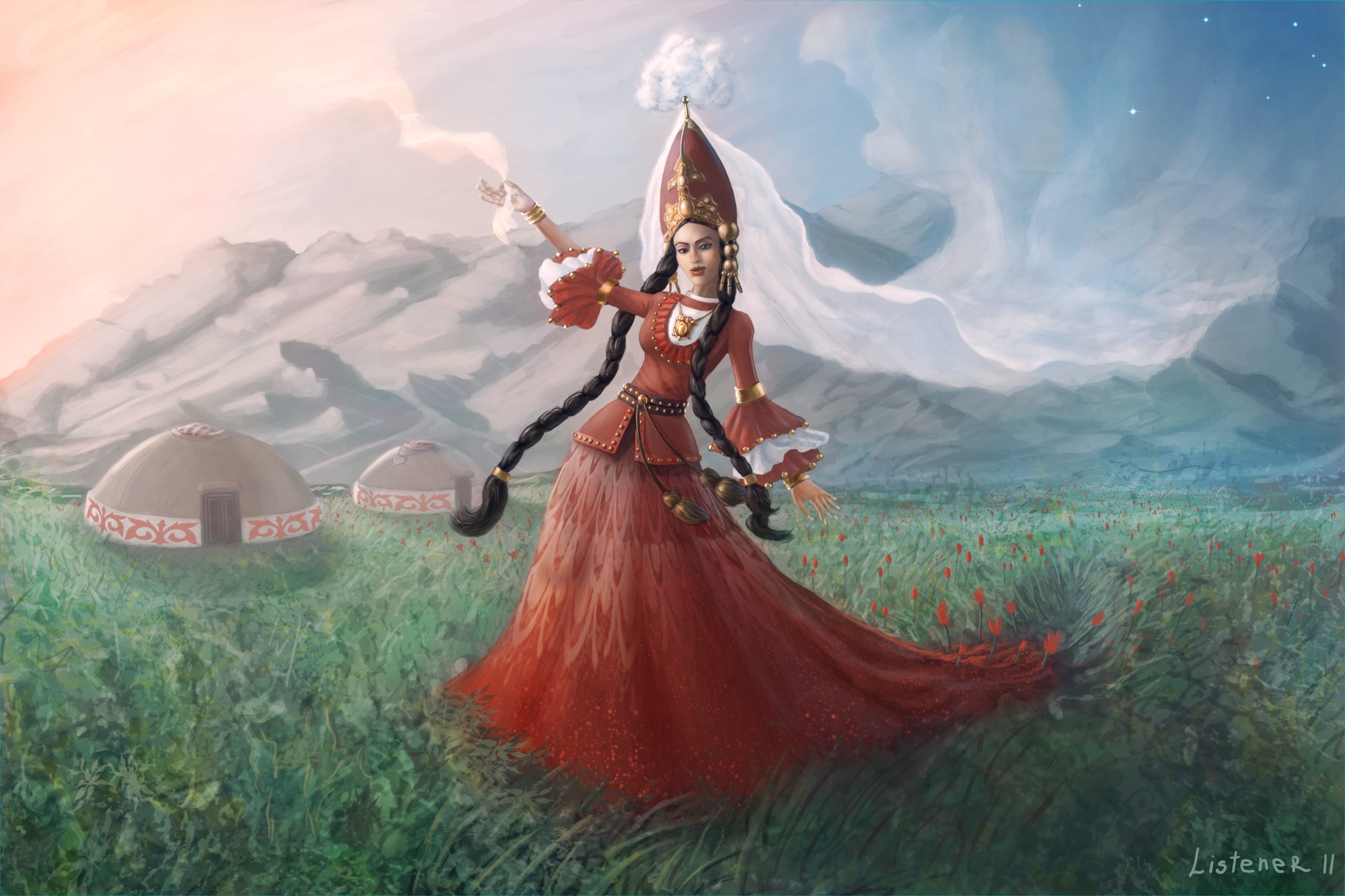 Woman in traditional dress in a field with yurts HD Wallpaper