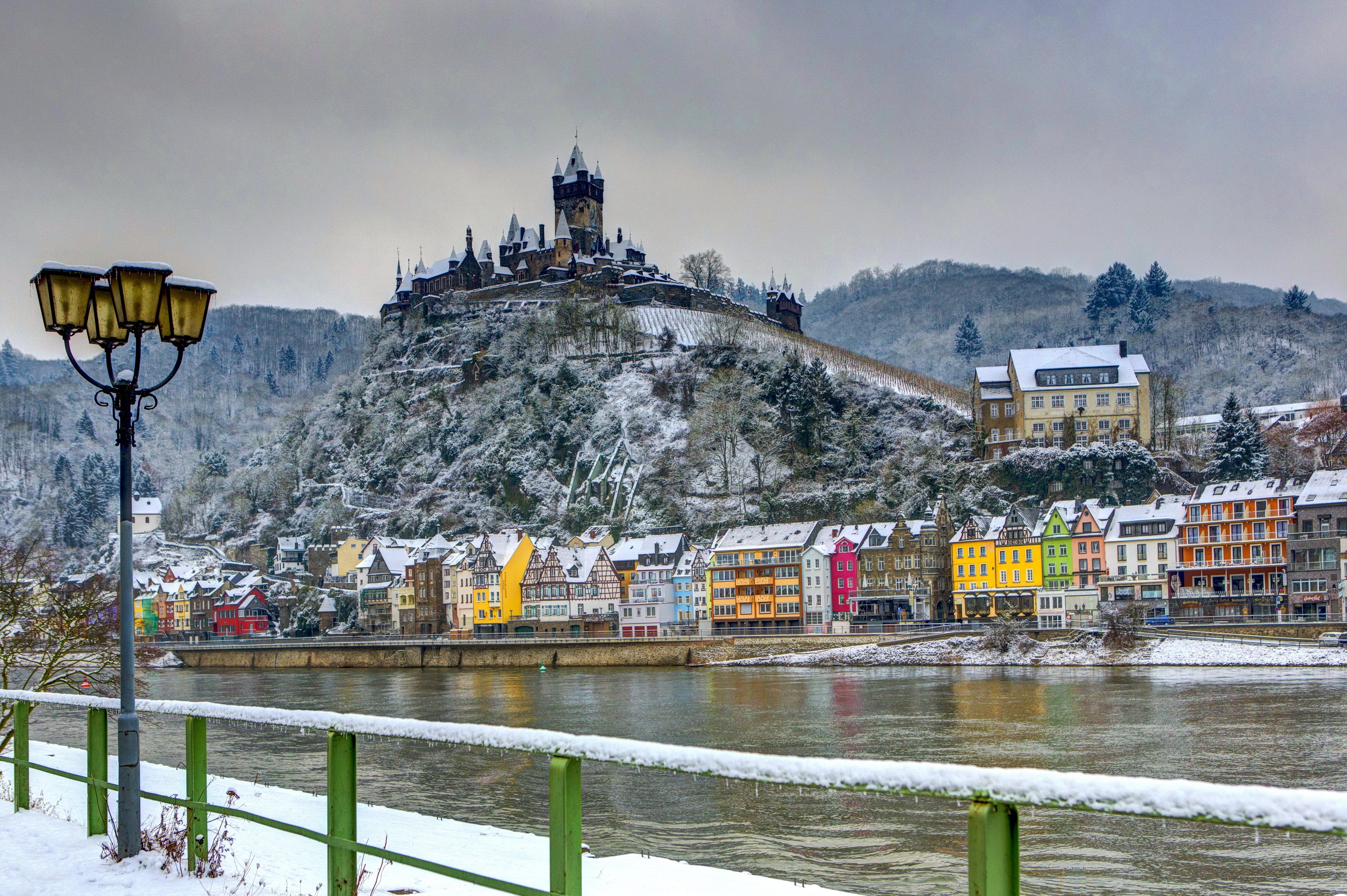 Cochem Castle and colorful houses in winter Germany HD Wallpaper