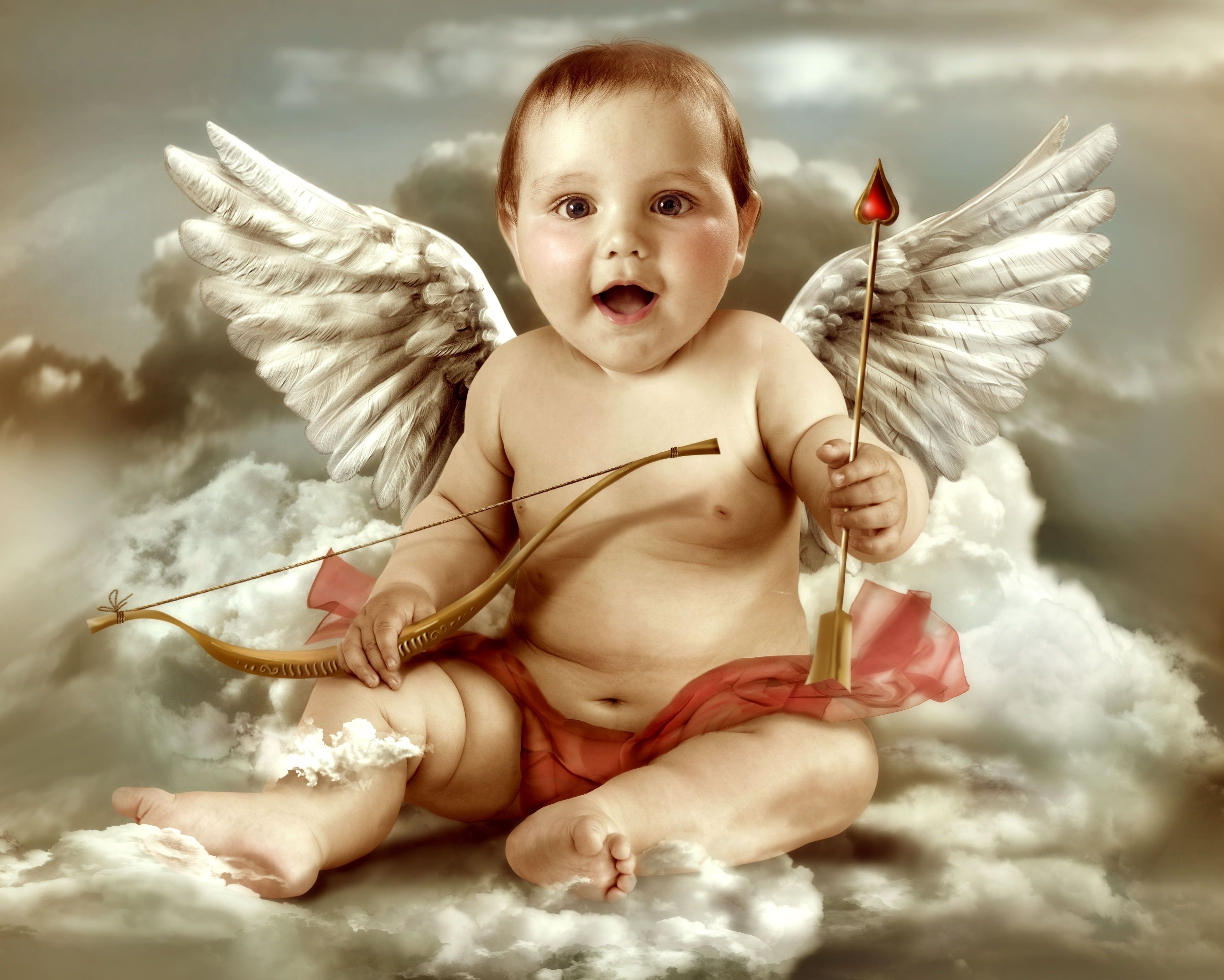 Cupid baby with bow and arrow on clouds HD Wallpaper