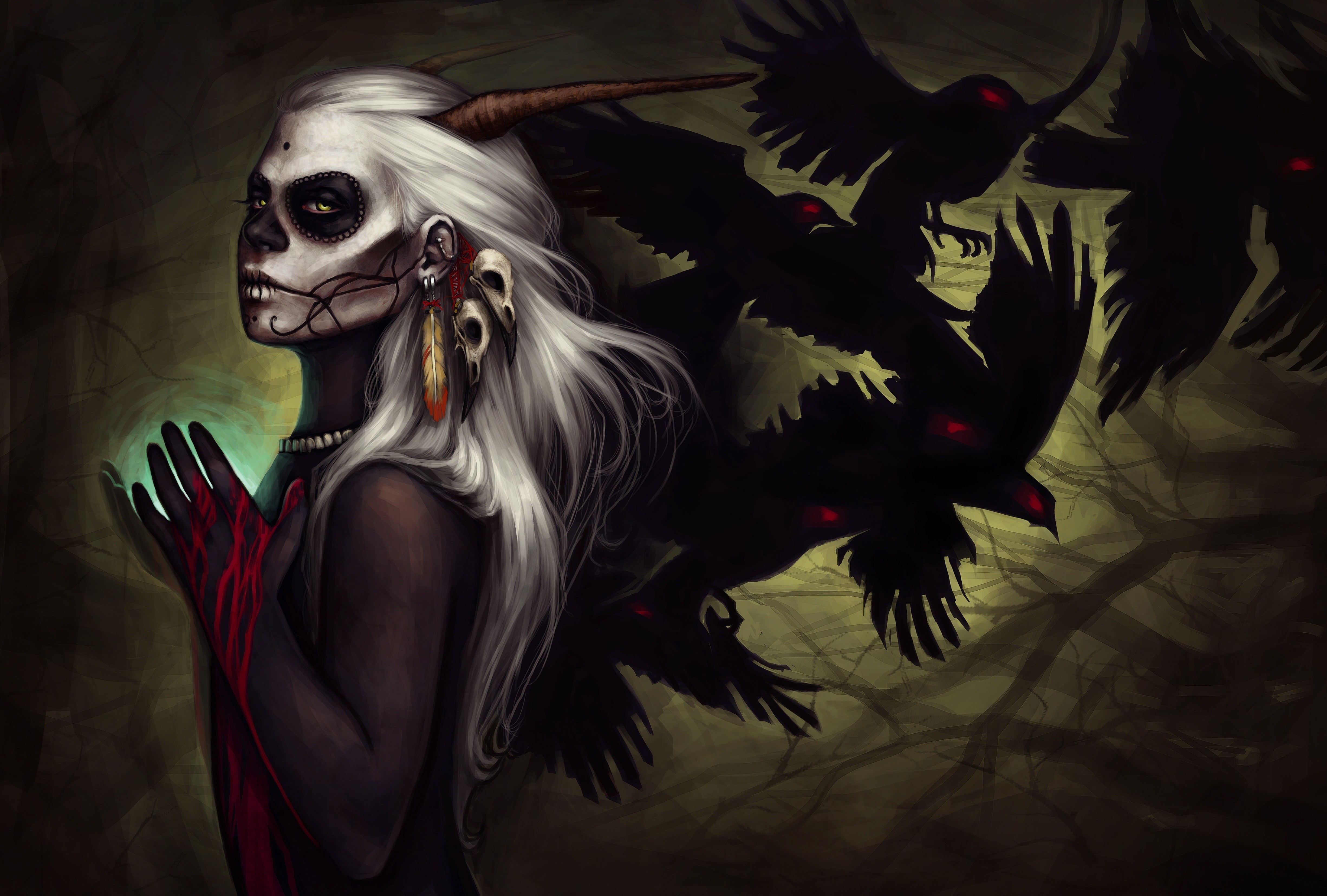 Woman with horns and crows HD Wallpaper