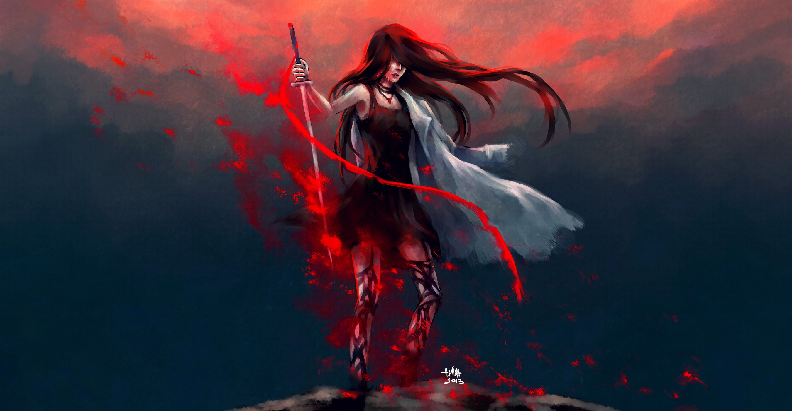 Woman with sword and red energy HD Wallpaper