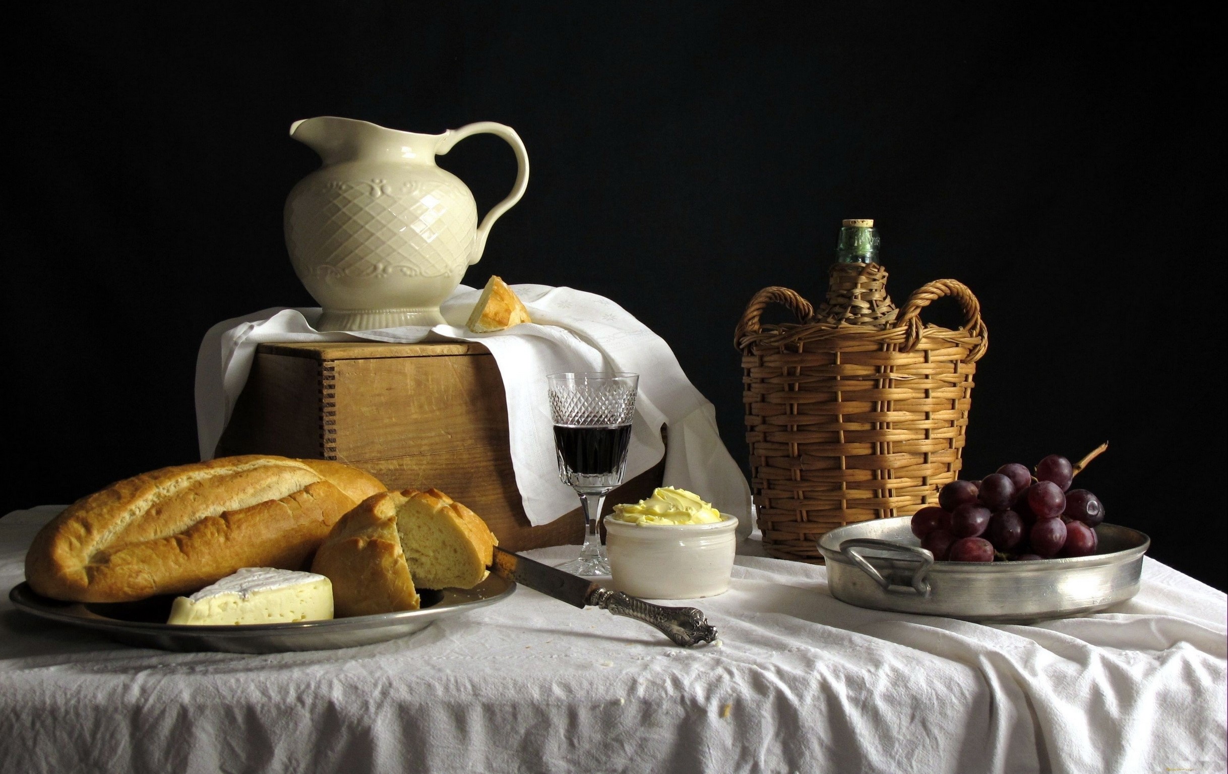 Still-life with bread, grapes, wine, and cheese HD Wallpaper