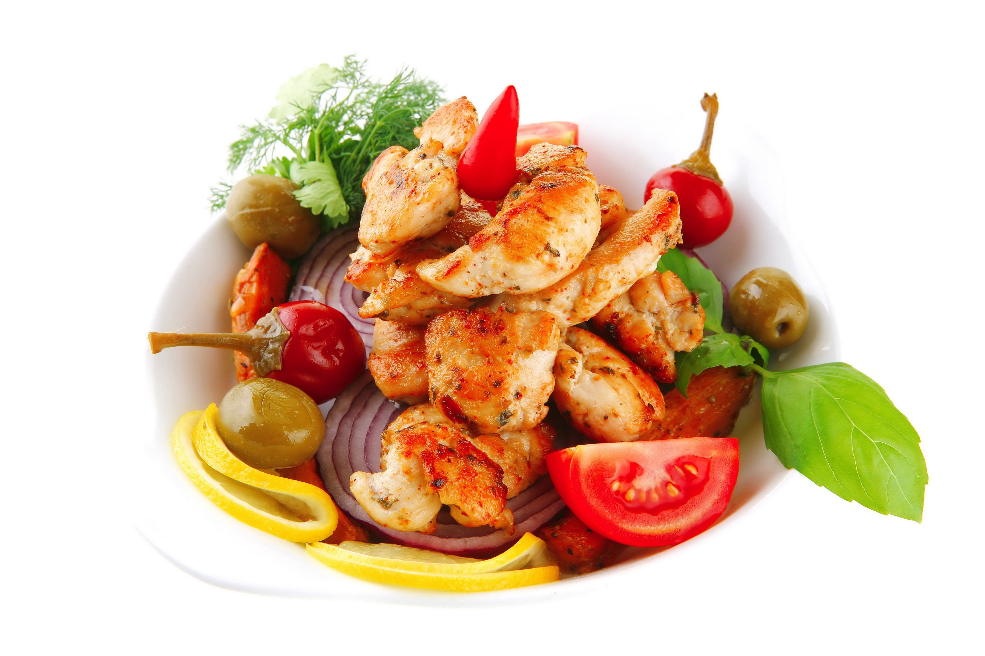 Grilled Chicken Skewers with Vegetables and Olives HD Wallpaper