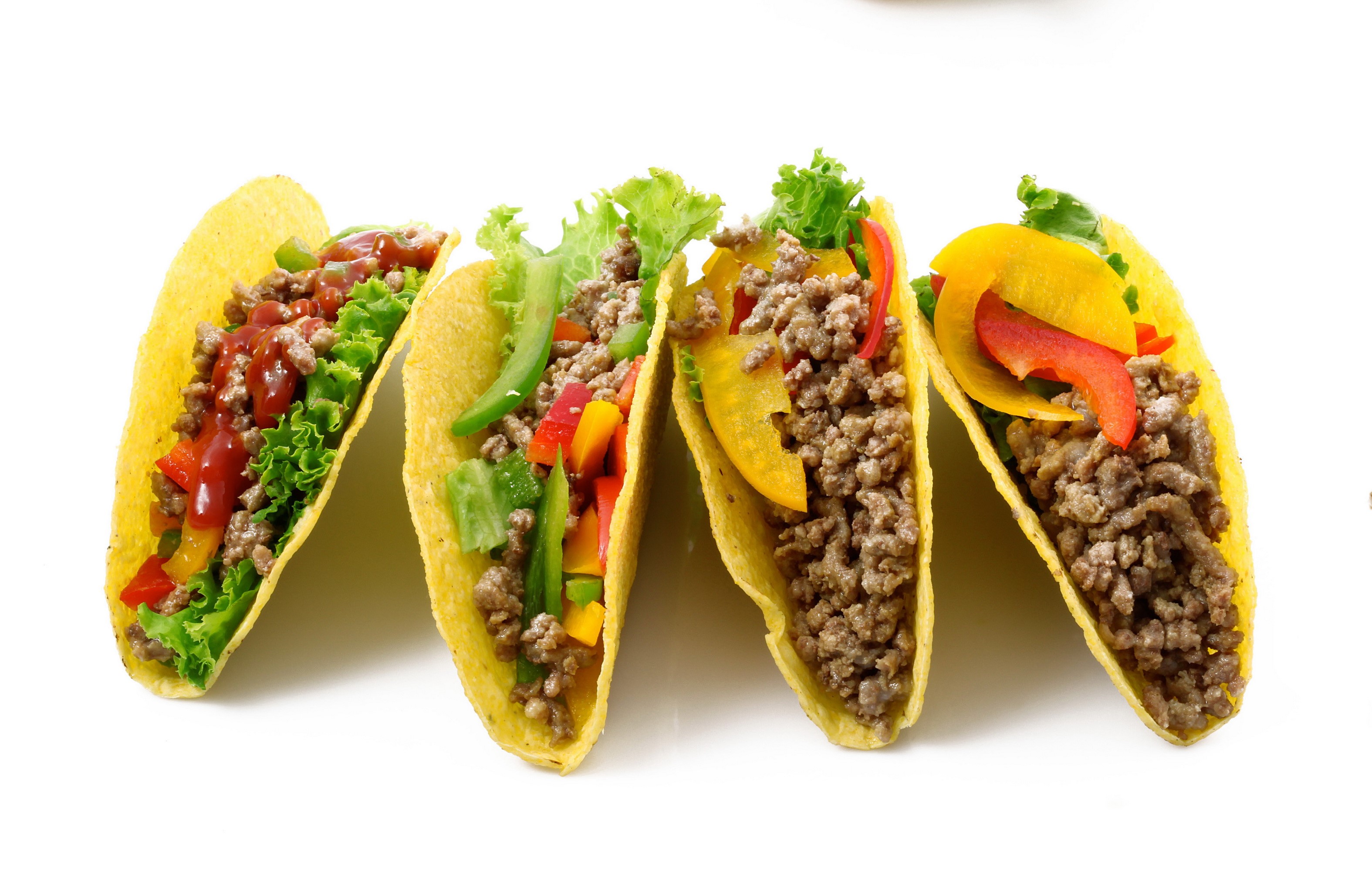 Four tacos with ground beef and vegetables HD Wallpaper
