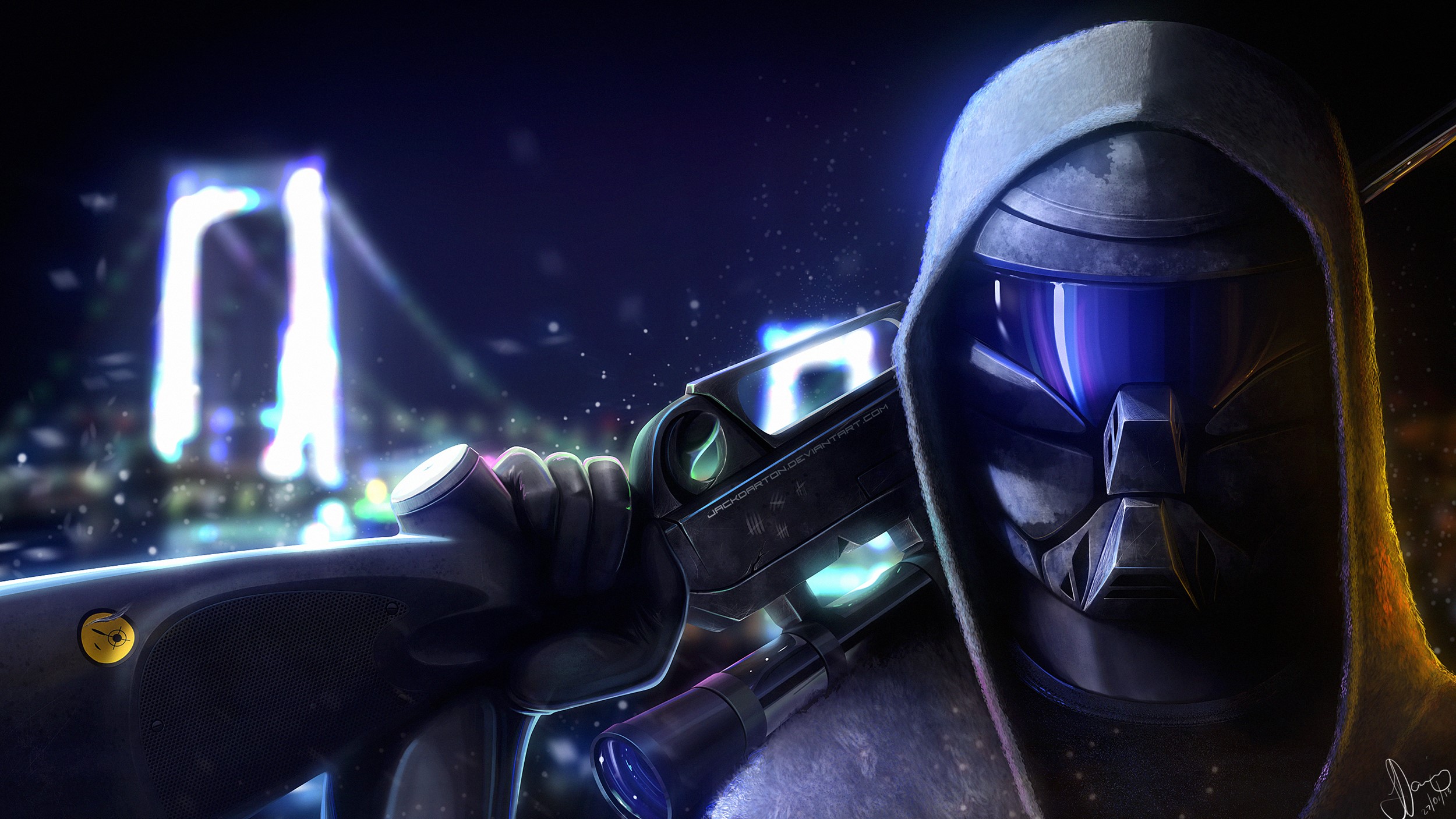 Figure in Hood with Rifle in City at Night HD Wallpaper