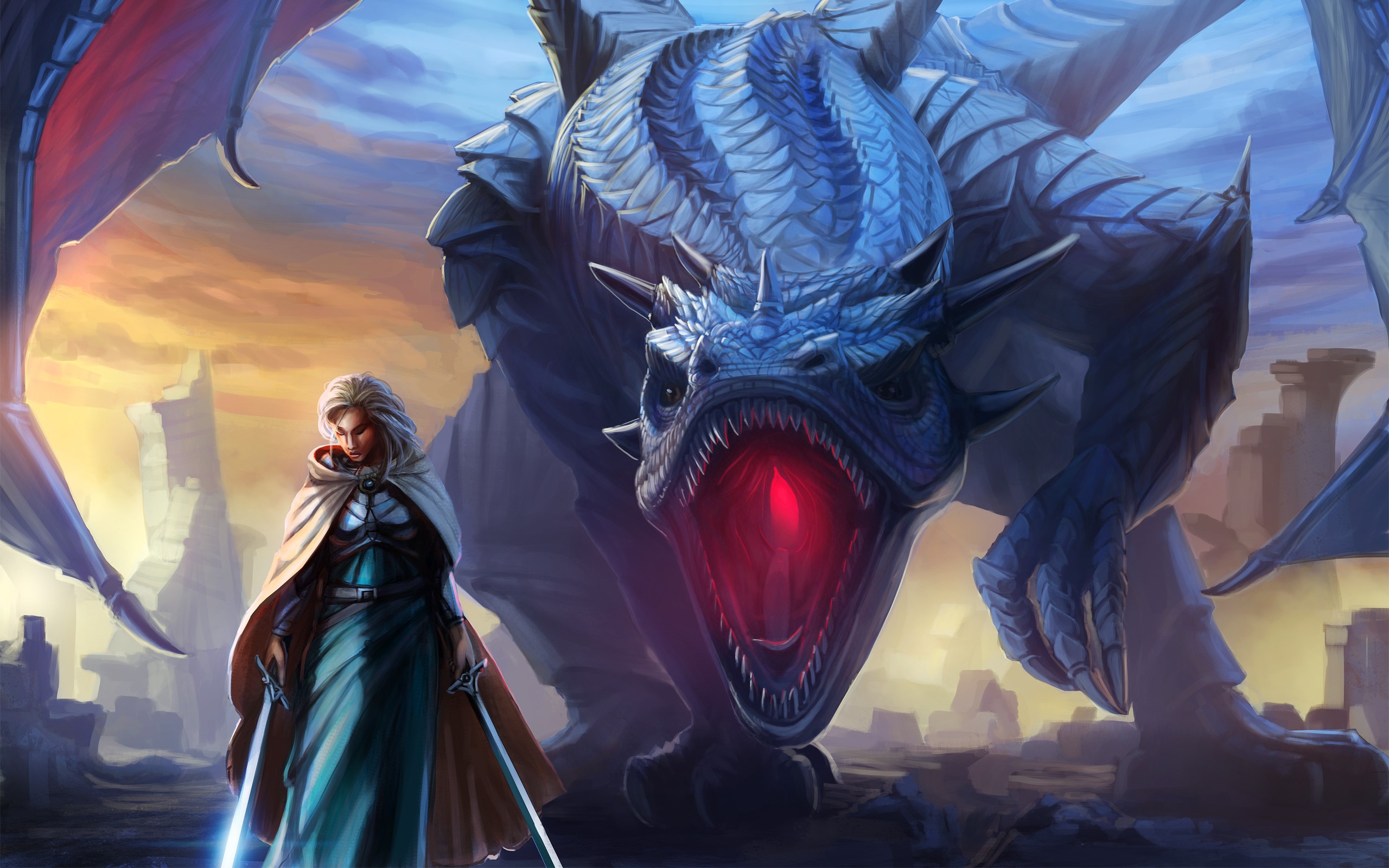 Warrior with swords facing a blue dragon HD Wallpaper