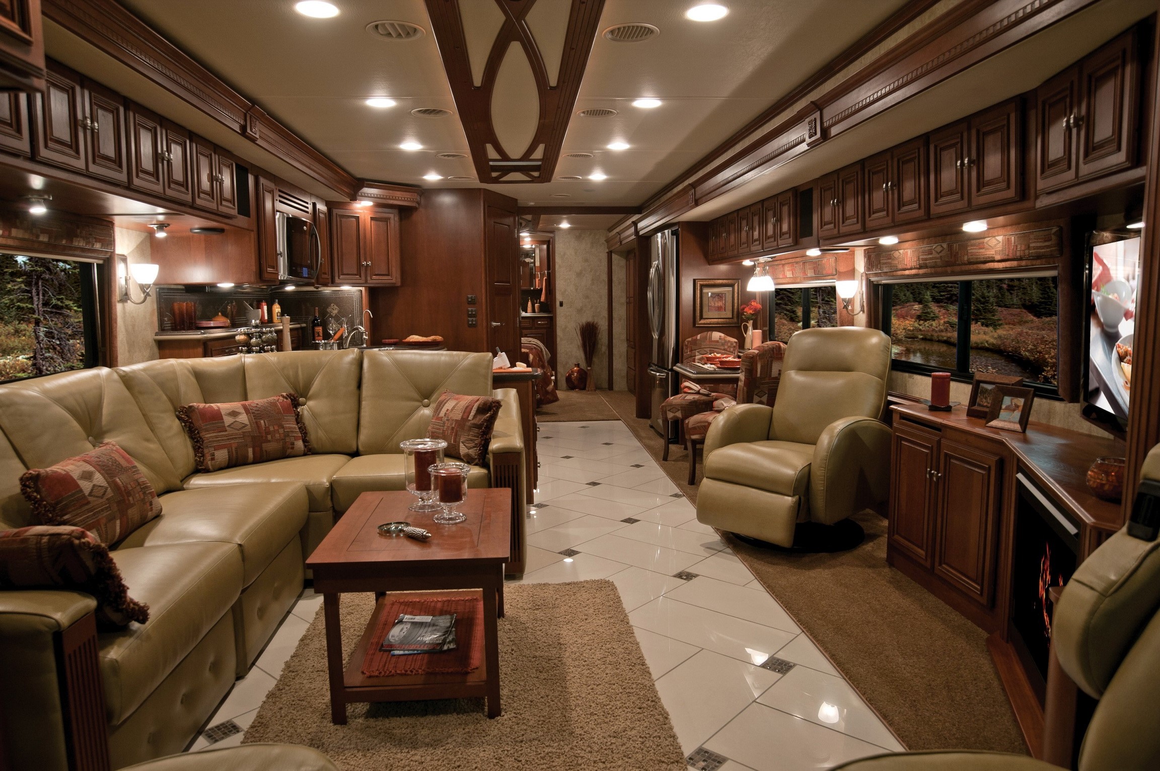 Luxury RV Interior with Living Area and Kitchen HD Wallpaper
