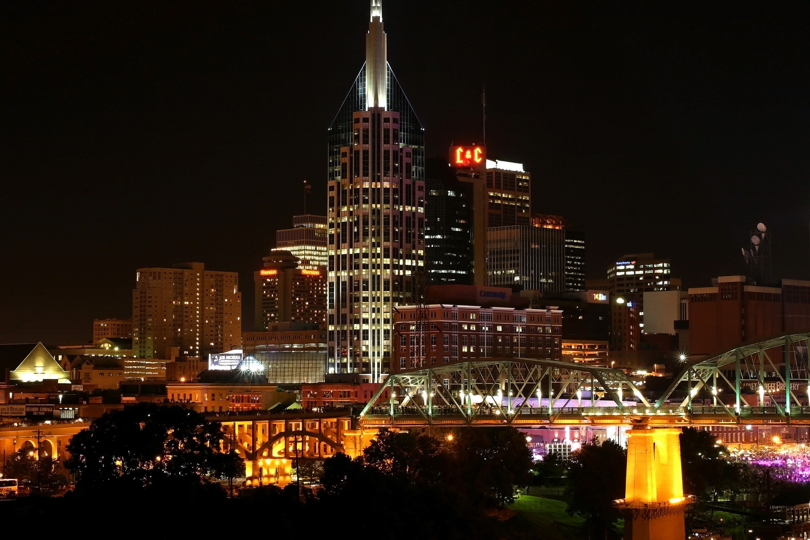 Nashville Skyline at Night with Bridges HD Wallpaper