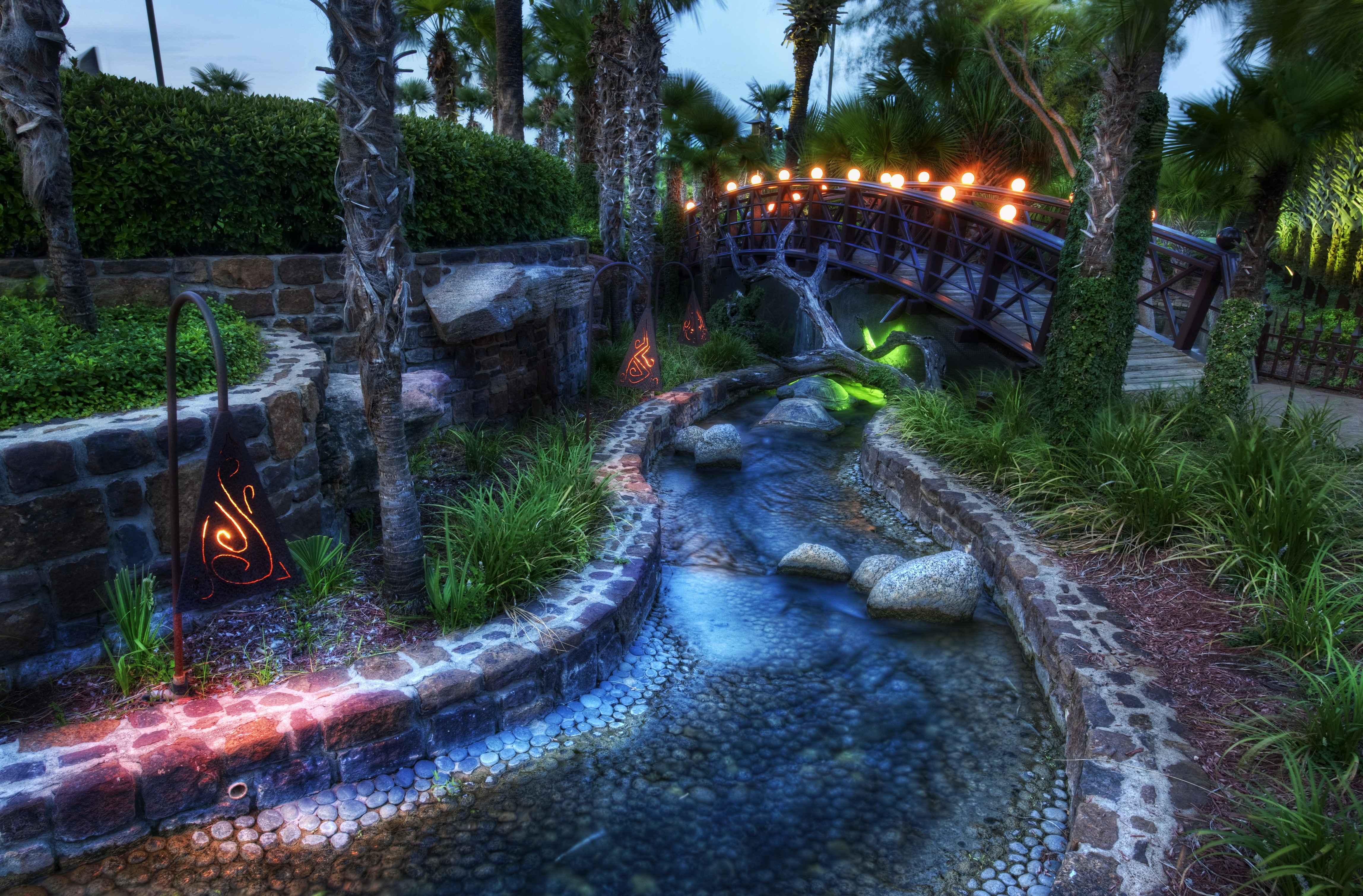 Park landscape design with stream and bridge HD Wallpaper