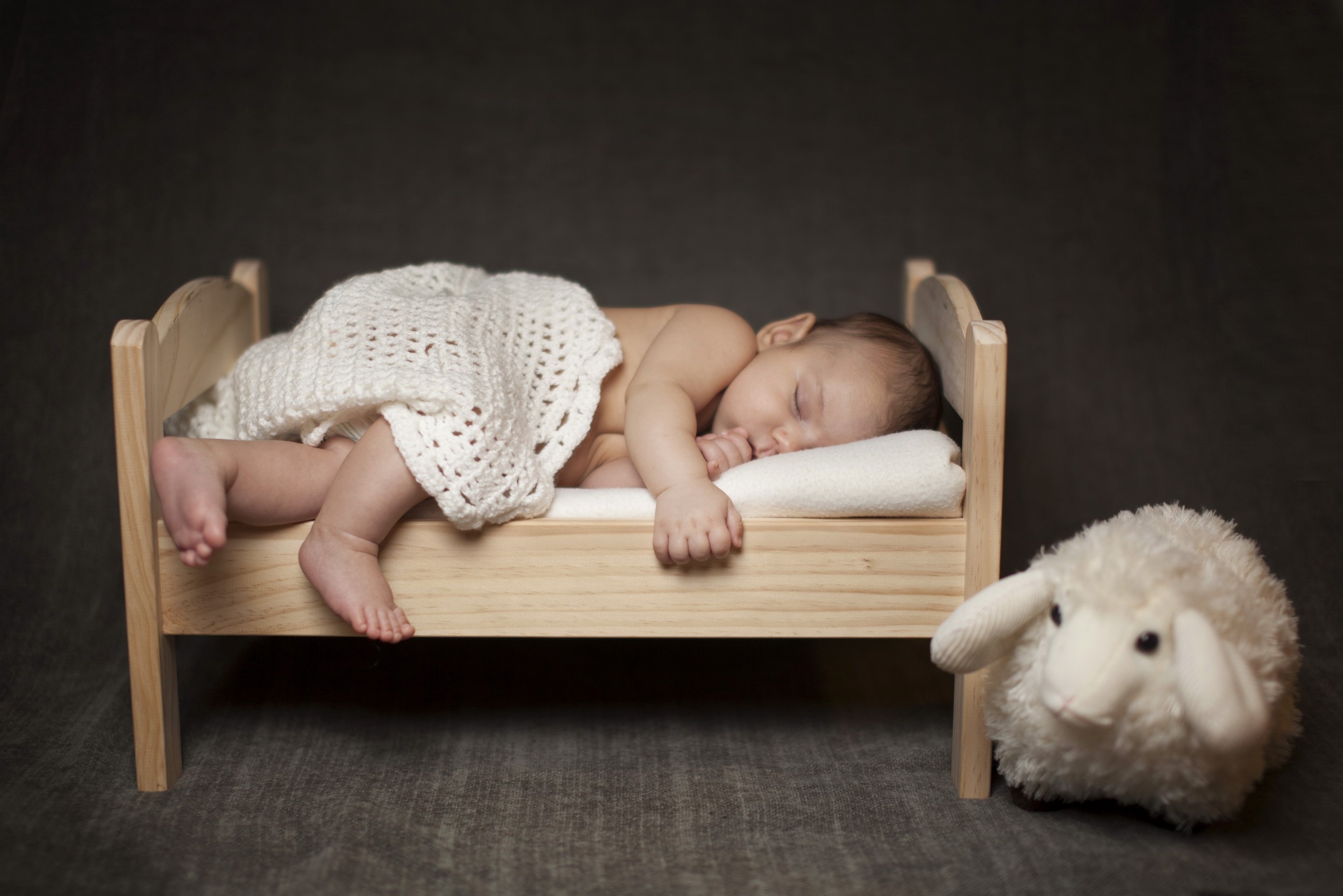 Baby sleeping in a wooden crib with a stuffed sheep HD Wallpaper
