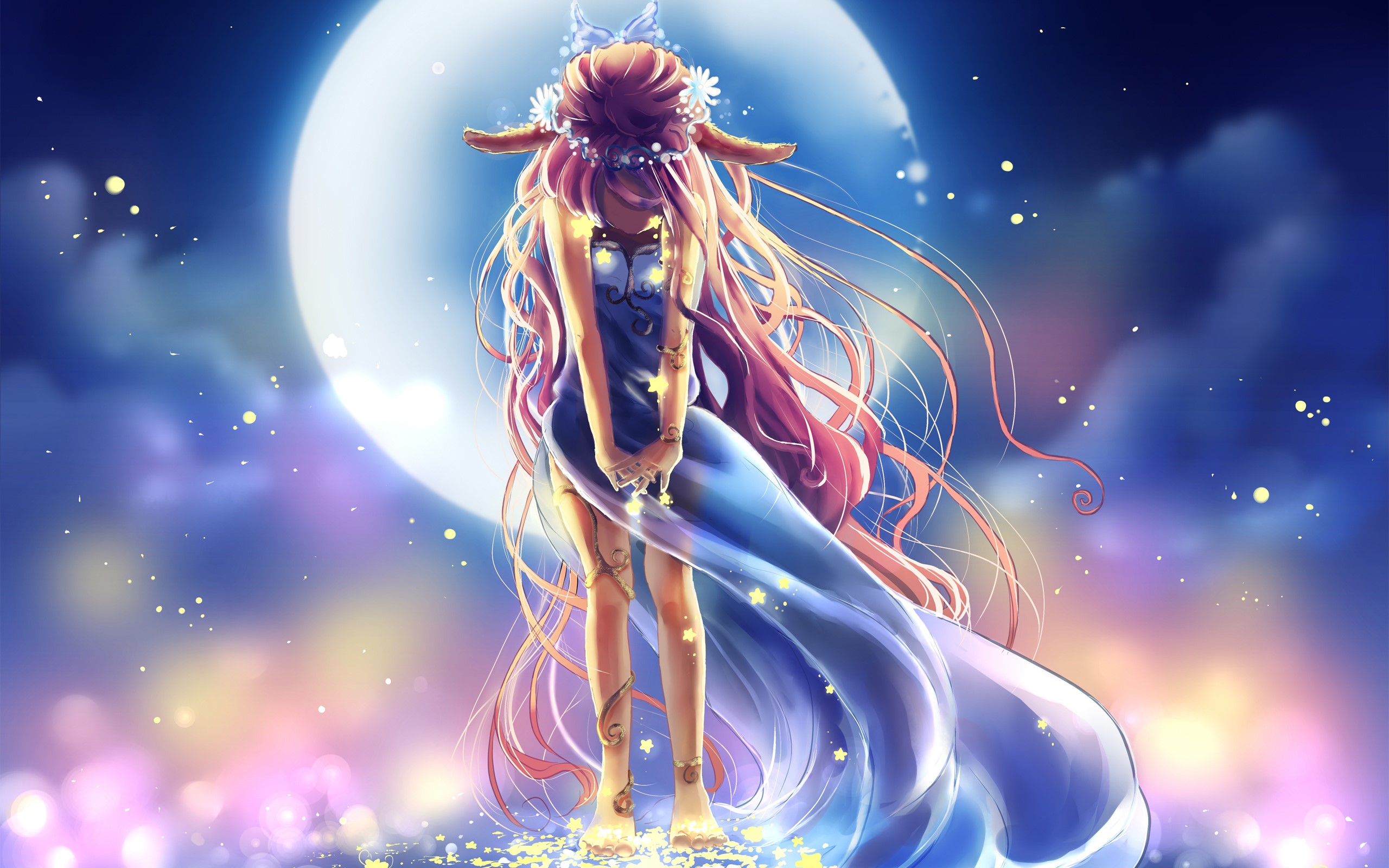 Anime girl with long pink hair under the moon HD Wallpaper
