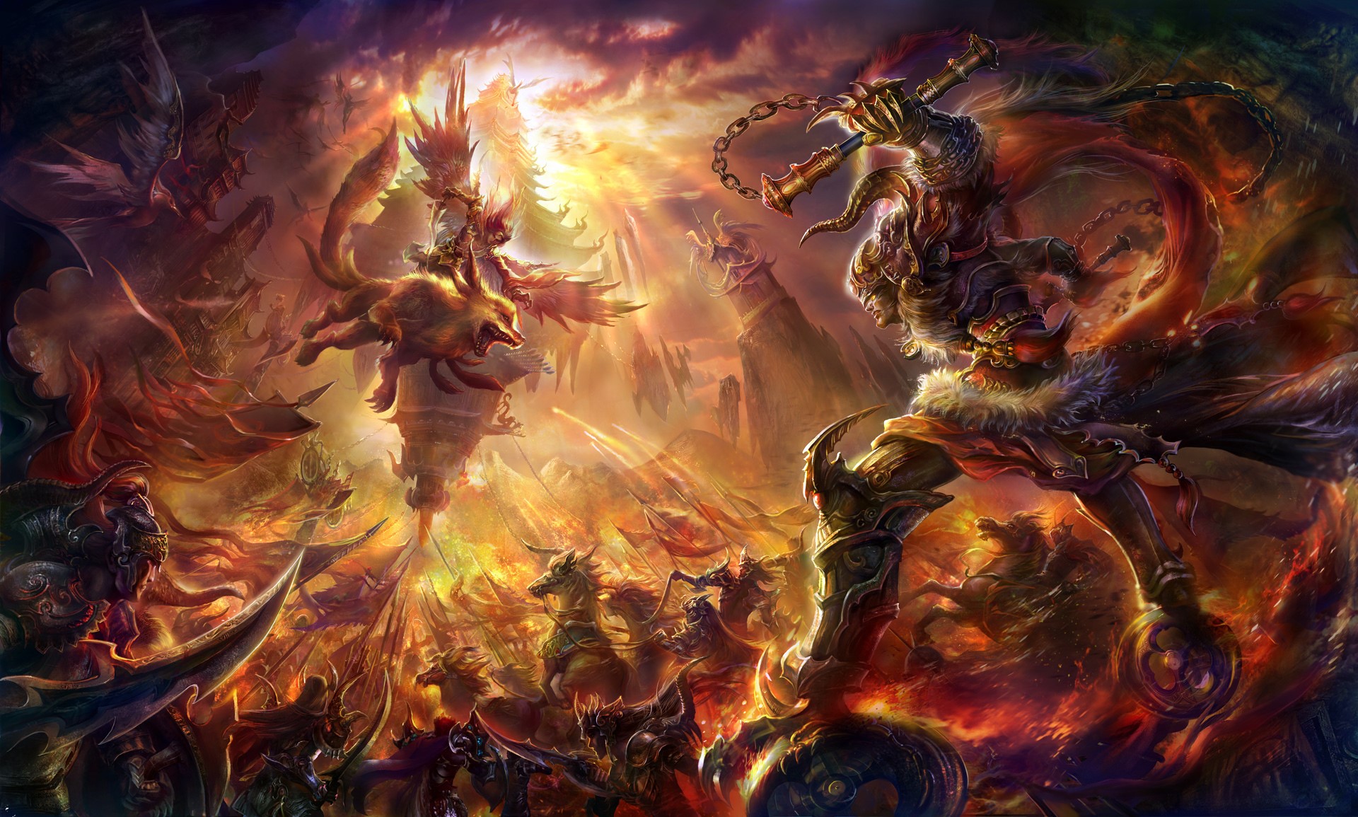 Fantasy warriors in a chaotic battle with mythical creatures HD Wallpaper