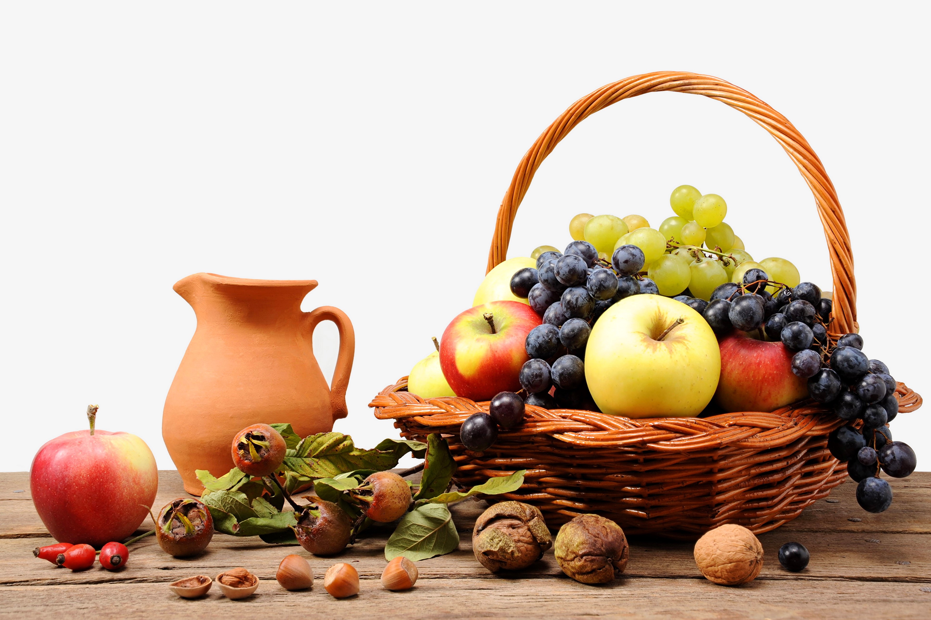 Still-life of fruit and nuts in a wicker basket HD Wallpaper